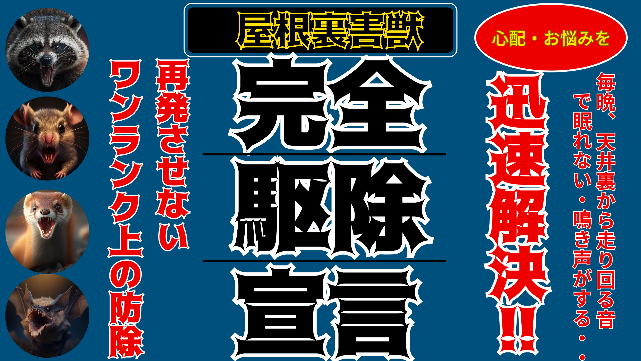 害獣被害警告バナー。左側にアライグマ、ネズミ、イタチ、コウモリの写真を配置。中央に「屋根裏害獣」「完全駆除」「宣言」の大きな文字。右側に「迅速対応!!」の赤い文字と「毎晩、天井裏から走り回る音・鳴き声がする」「心配・お悩みを」の吹き出し。「再発させないワンランク上の防除」のメッセージも含む。 