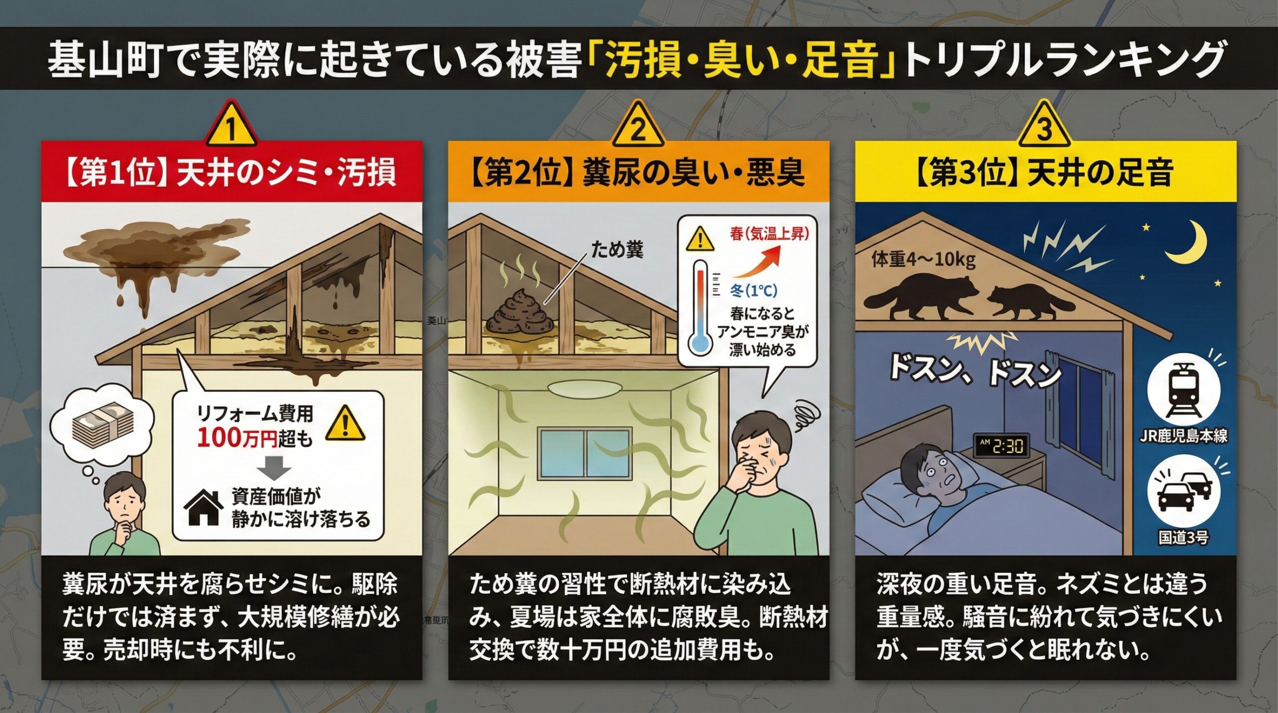 基山町で実際に起きている被害トリプルランキング形式で解説。1位は天井のシミ・汚損、2位は糞尿の臭い、3位は天井の足音。