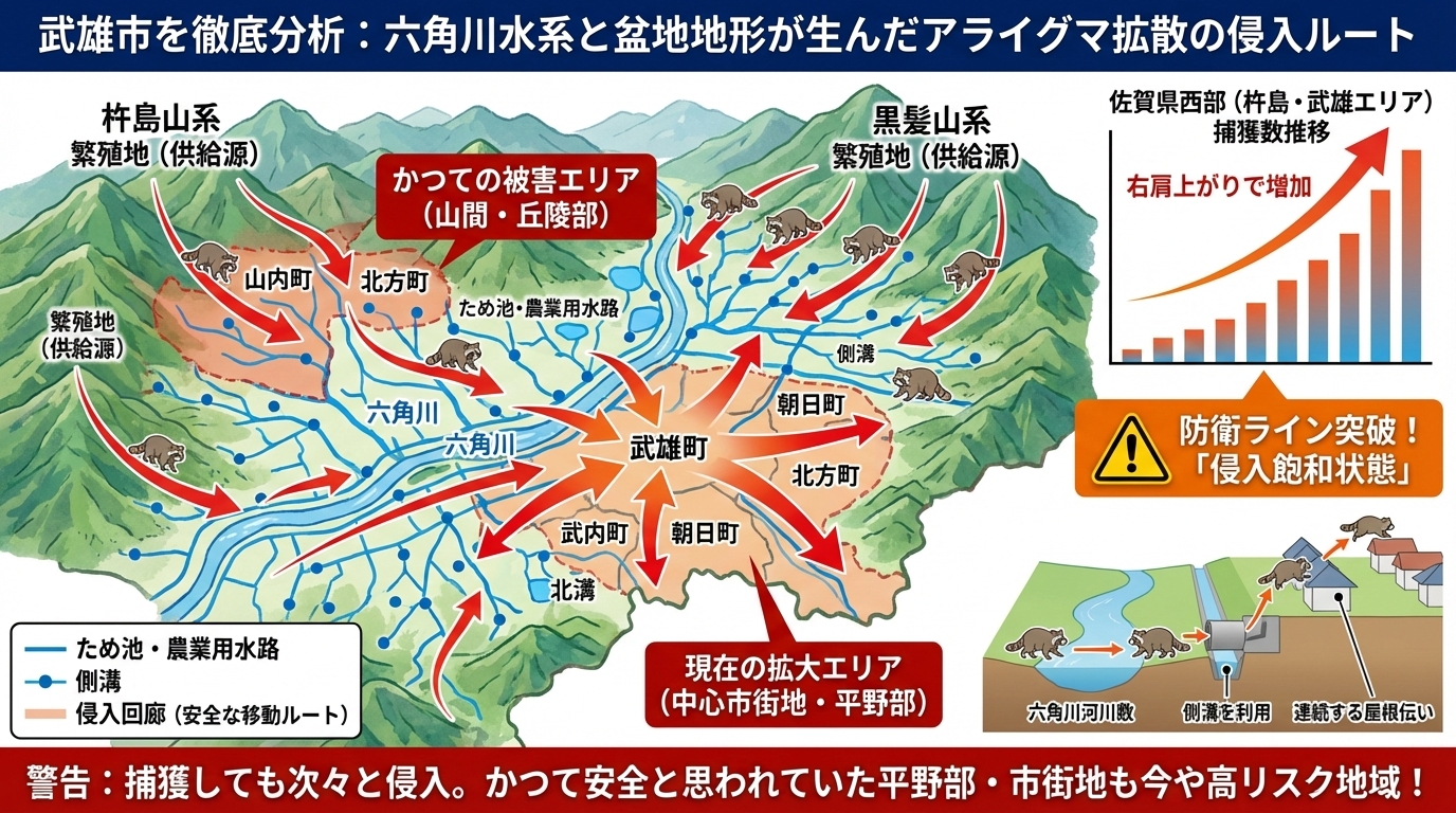 武雄市を徹底分析。六角川水系と盆地地形が生んだアライグマ拡散の侵入ルート。