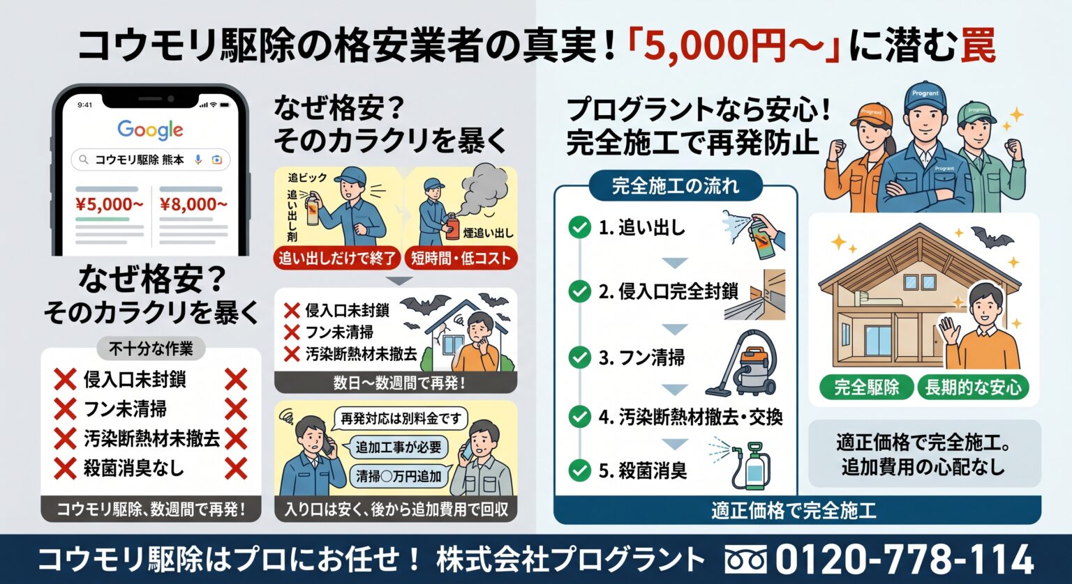 コウモリ駆除の格安業者に潜む落とし穴と、プログラントの施工の流れの解説図