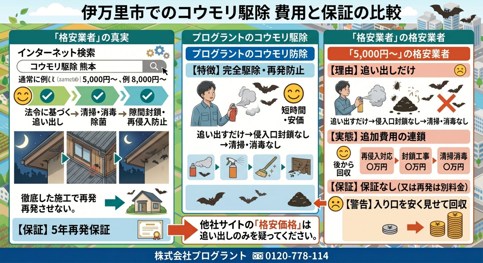 伊万里市でのコウモリ駆除、費用と保証の比較