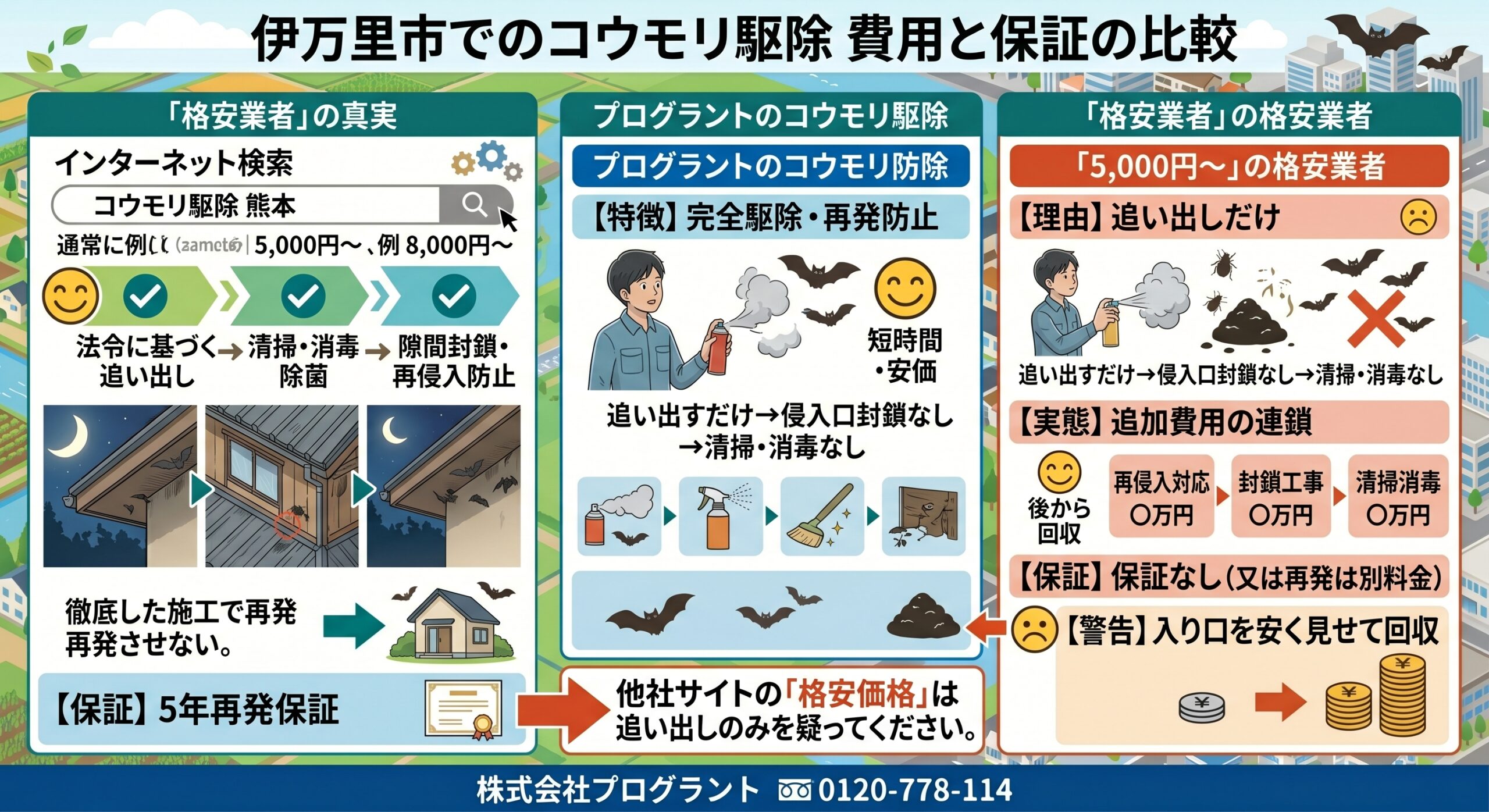 伊万里市でのコウモリ駆除、費用と保証の比較