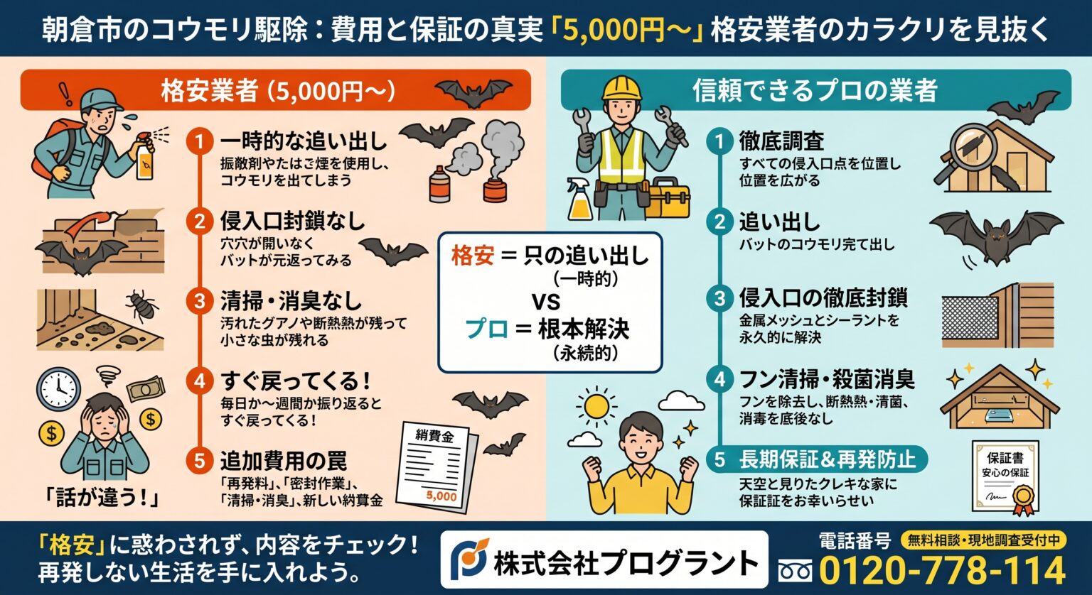 朝倉市コウモリ駆除費用と保証