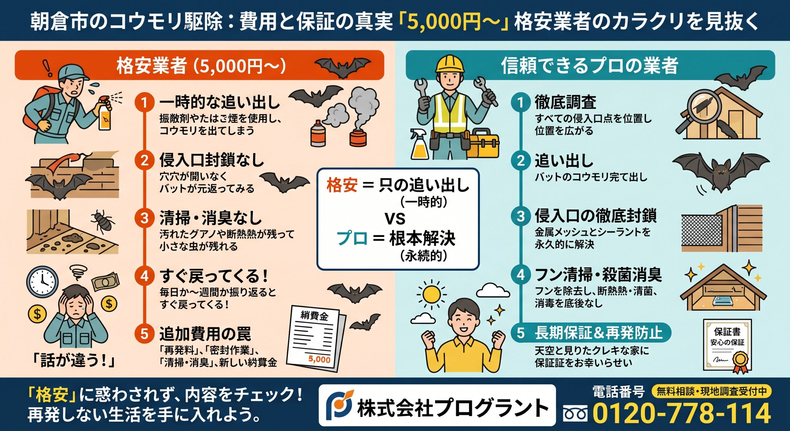 朝倉市コウモリ駆除費用と保証