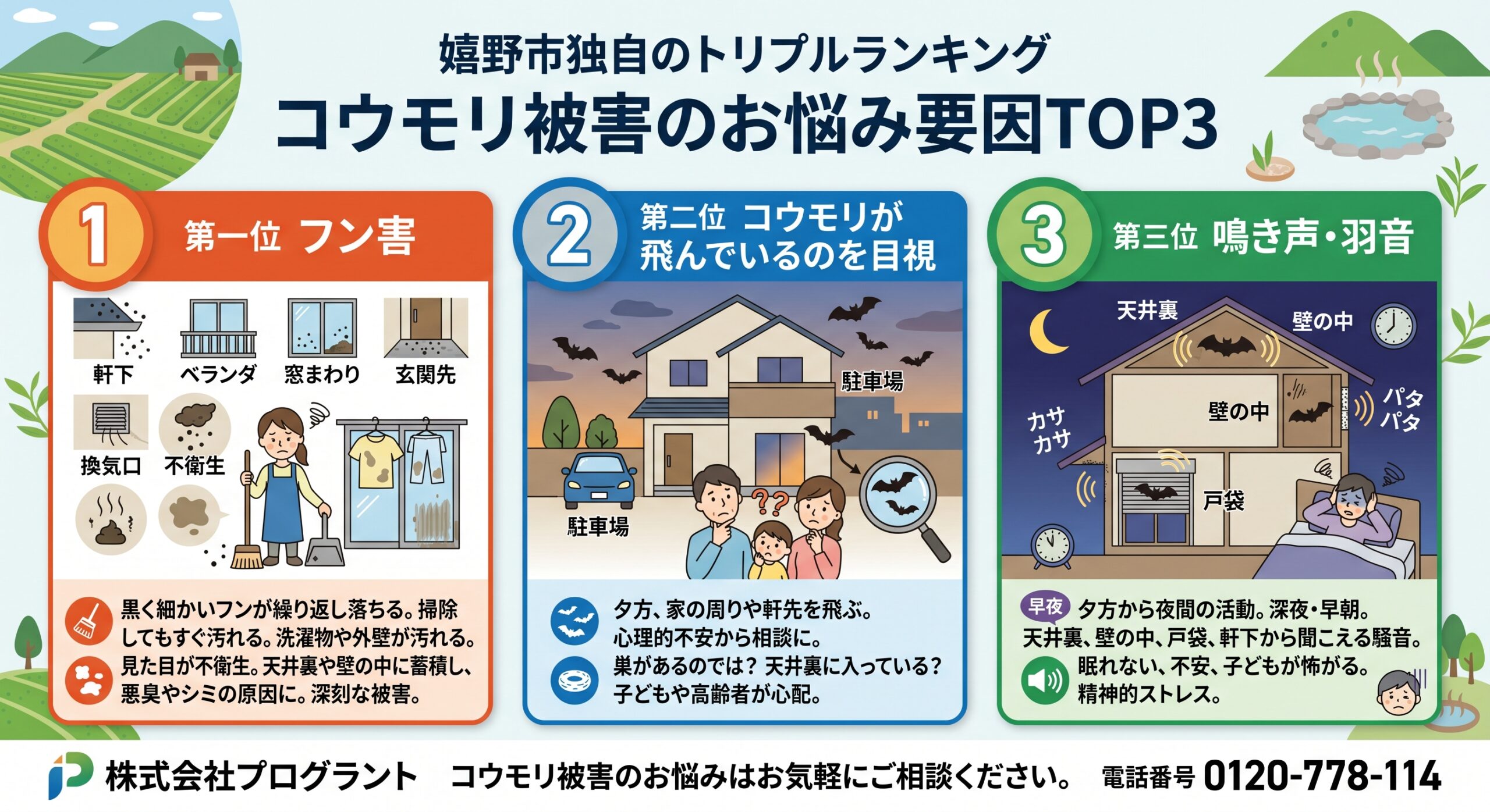 コウモリ被害のお悩み要因TOP3
