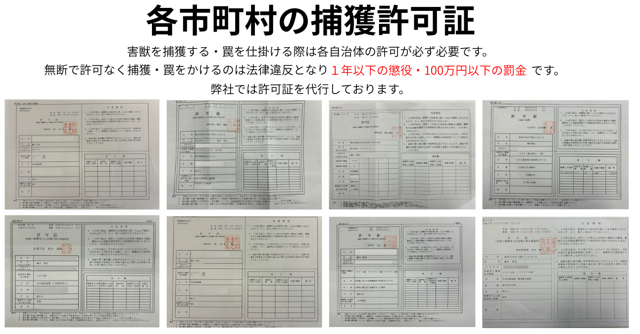 害獣駆除に必要な各市町村の捕獲許可証の一覧。無許可での捕獲は法律違反となります。