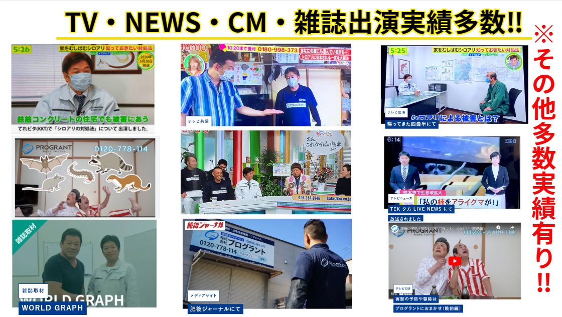 プログラントのメディア出演実績を示す画像。上部に「TV・NEWS・CM・雑誌出演実績多数!!」のタイトル、右側に縦書きで「※その他多数実績有り!!」の注釈。9つのメディア出演場面を3行3列で配置：上段左「家庭コンクリートの住宅でも被害に遭う シロアリの対策について」のテレビ番組出演、上段中央「テレビ長崎」での害獣駆除作業の取材風景、上段右「タカトシプロに大きな被害!?とは？」の番組出演、中段左「PROGRANT 0120-778-114」のCM映像、中段中央「地域ジャーナル」での番組出演、中段右「私の街をアライグマが!」のニュース番組、下段左「WORLD GRAPH」での雑誌取材、下段中央「地域ジャーナルにて」の看板設置風景、下段右「プログラントのおすすめ（熊本編）」のYouTube動画。各画像にはテレビ局名や番組名、放送時間などの詳細情報が表示され、多数のメディア露出実績を視覚的に示している。 