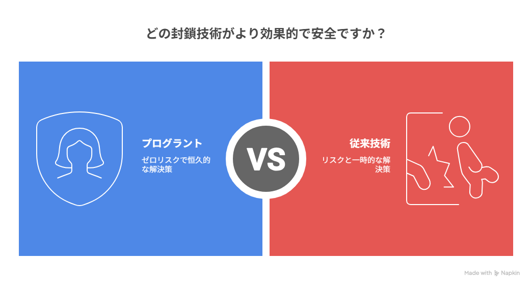 封鎖技術の比較を示すインフォグラフィック。上部に「どの封鎖技術がより効果的で安全ですか？」の質問文。左側の青いエリアに盾のアイコンと人物のシルエット、「プログラント ゼロリスクで持久的な解決策」の文字。右側の赤いエリアに人物と害獣のシルエット、「従来技術 リスクと一時的な解決策」の文字。中央に白い円の中に「VS」の文字で両者を対比。プログラント側は安全性と持続性を、従来技術側はリスクと一時性を強調した構成。右下に「Made with Napkin」のクレジット表示。 