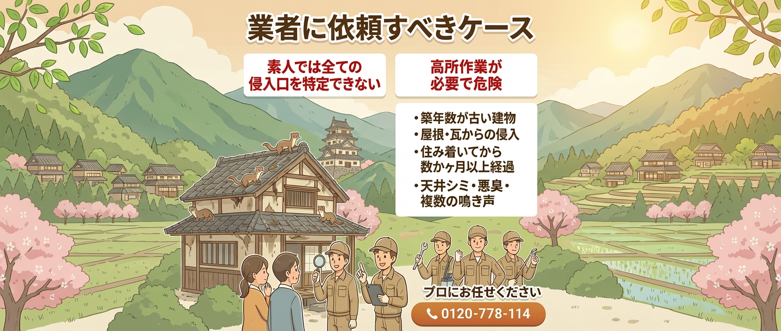 業者に依頼すべきケース 素人ではすべての侵入口を特定できない。高所作業が必要で危険！ だからプログラントへお任せください。
