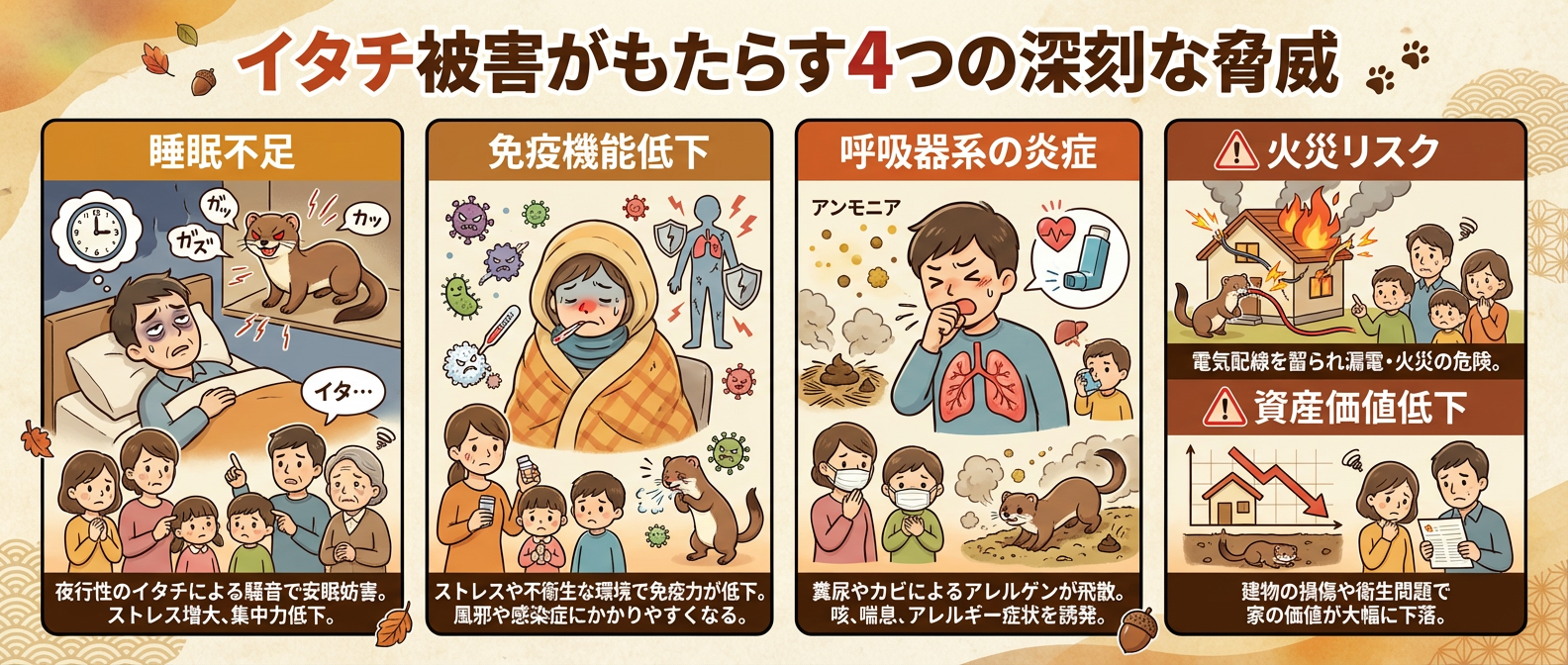イタチ被害がもたらす4つの深刻な脅威 睡眠不足、免疫機能低下、呼吸器系の炎症、火災リスクなどを記載したバナー