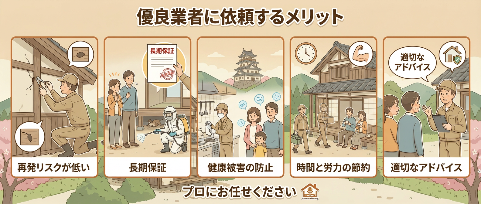 優良業者へ依頼するメリット 再発リスクが低く、長期保証付きで安心！
