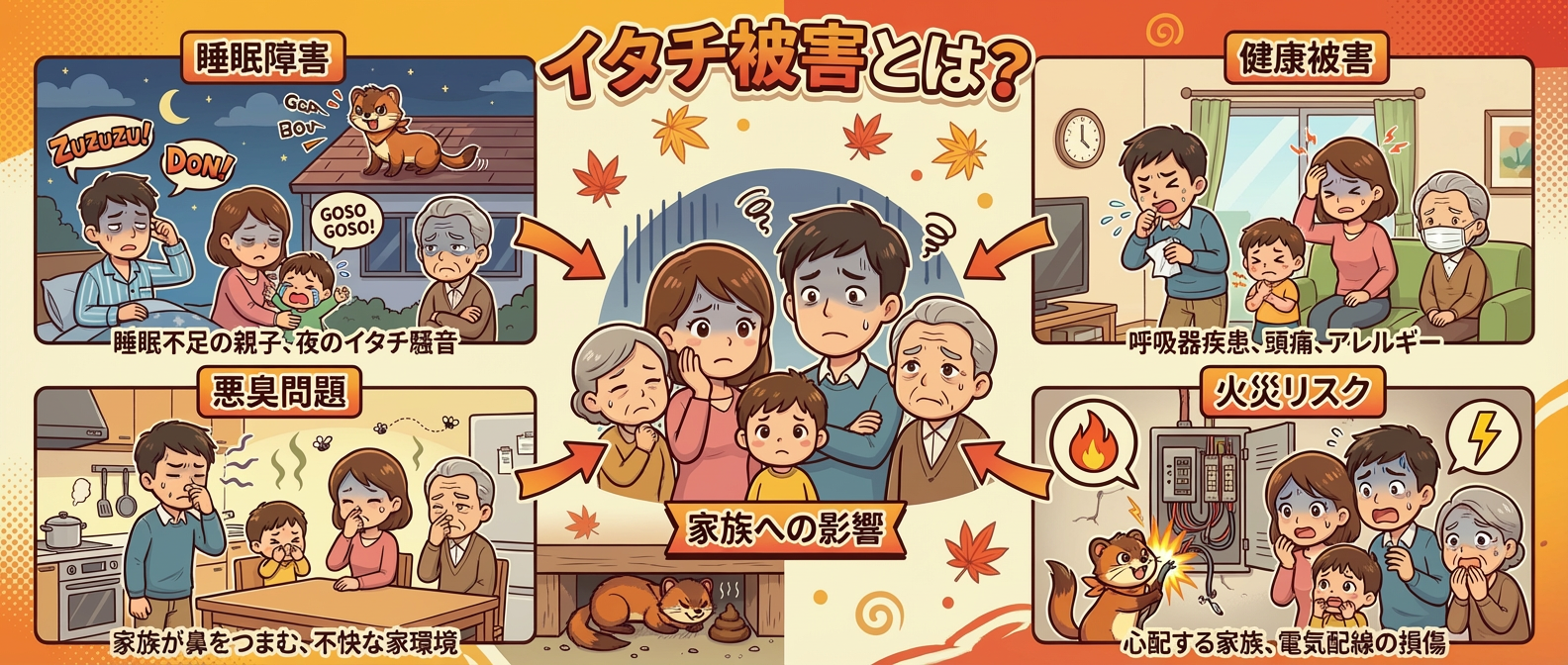 イタチ被害とは？ 睡眠障害、健康被害、悪臭問題、火災リスクなどが家族へ影響します イタチ被害でお悩みの方は安心安全のプログラントへお任せください。
