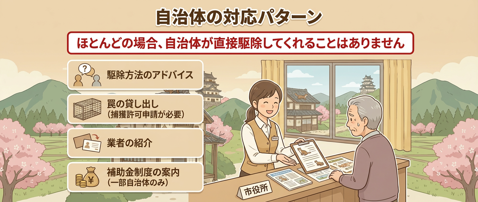 自治体の対応パターン ほとんどの場合、自治体が直接駆除してくれることはありません！