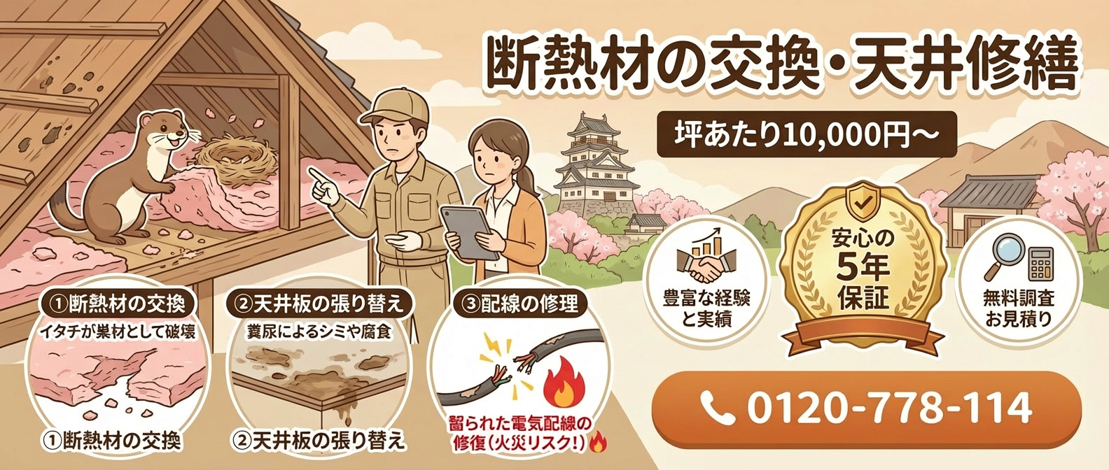断熱材の交換・天井修繕 坪あたり10,000円～ 断熱材の交換、天井板の張替え、配線の修理 豊富な実績と経験で安心の5年保証