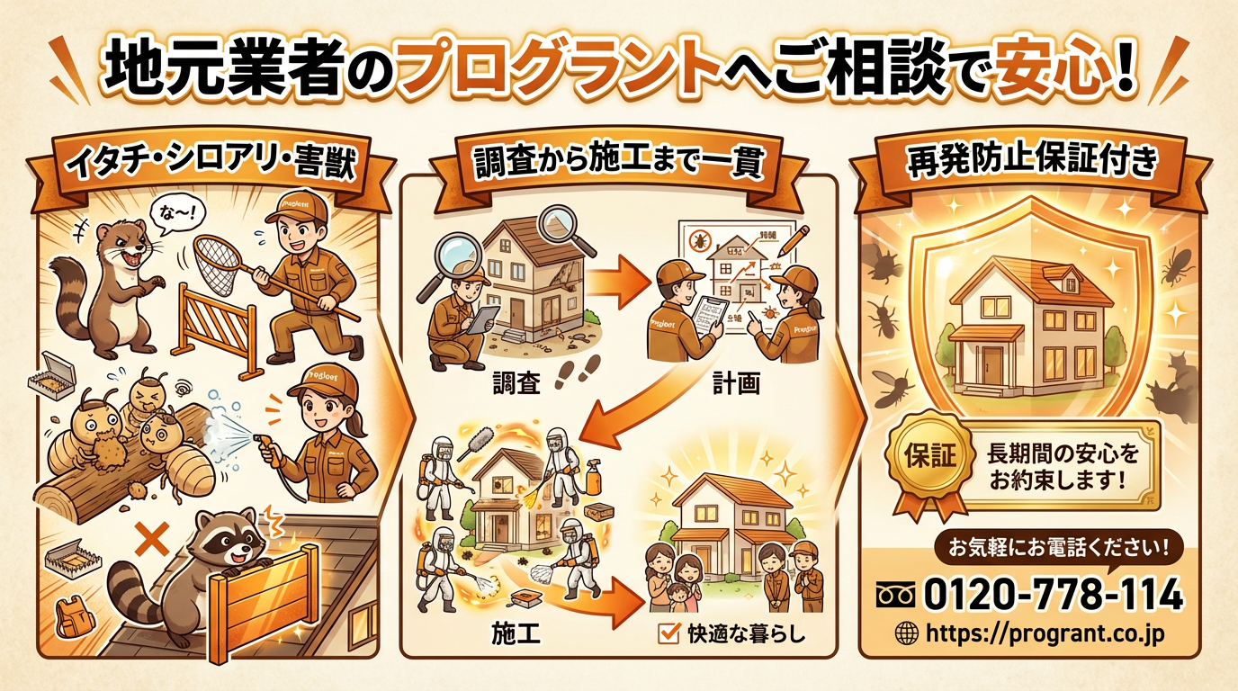 地元業者のプログラントへお任せください！ 調査から施工まで一貫して行います。その上、再発防止保証付きで長期間の安心をお約束します！ お気軽にお電話ください。0120-778-114