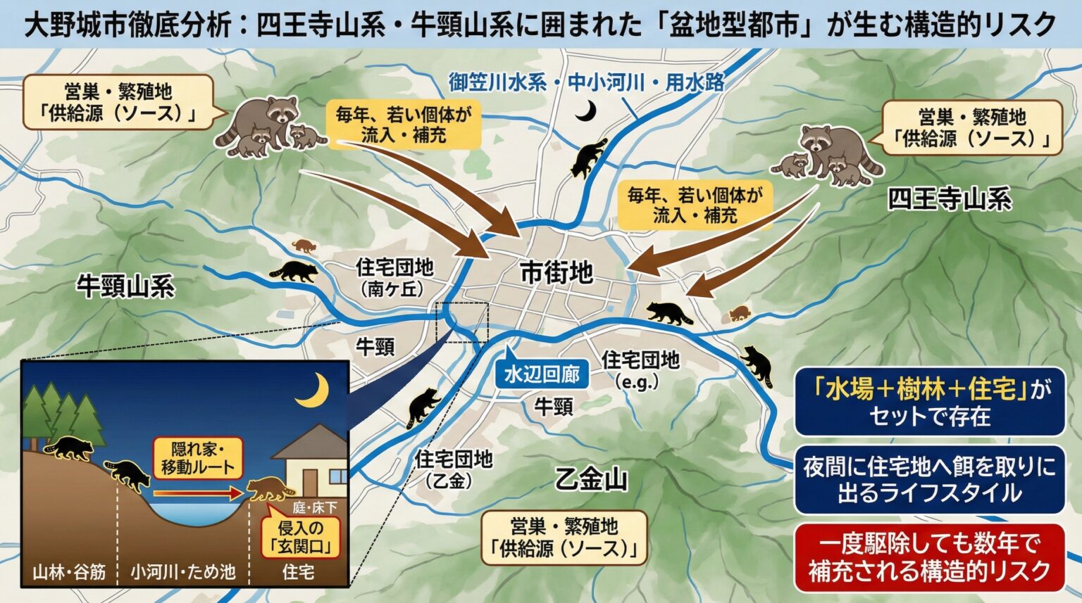 大野城市徹底分析四王寺山系・牛顕山系に囲まれた盆地型都市が生む構造的リスク