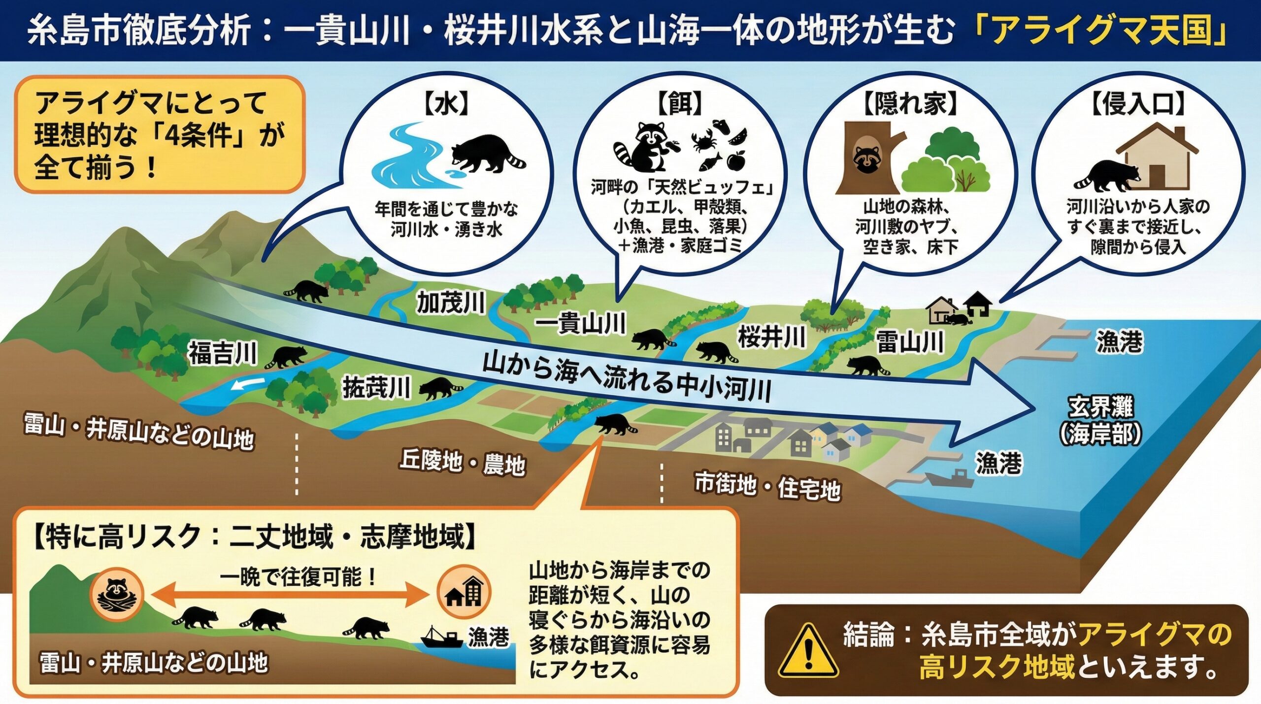 糸島市徹底分析一貫山川・桜井川水系と山海一体の地形が生むアライグマ天国