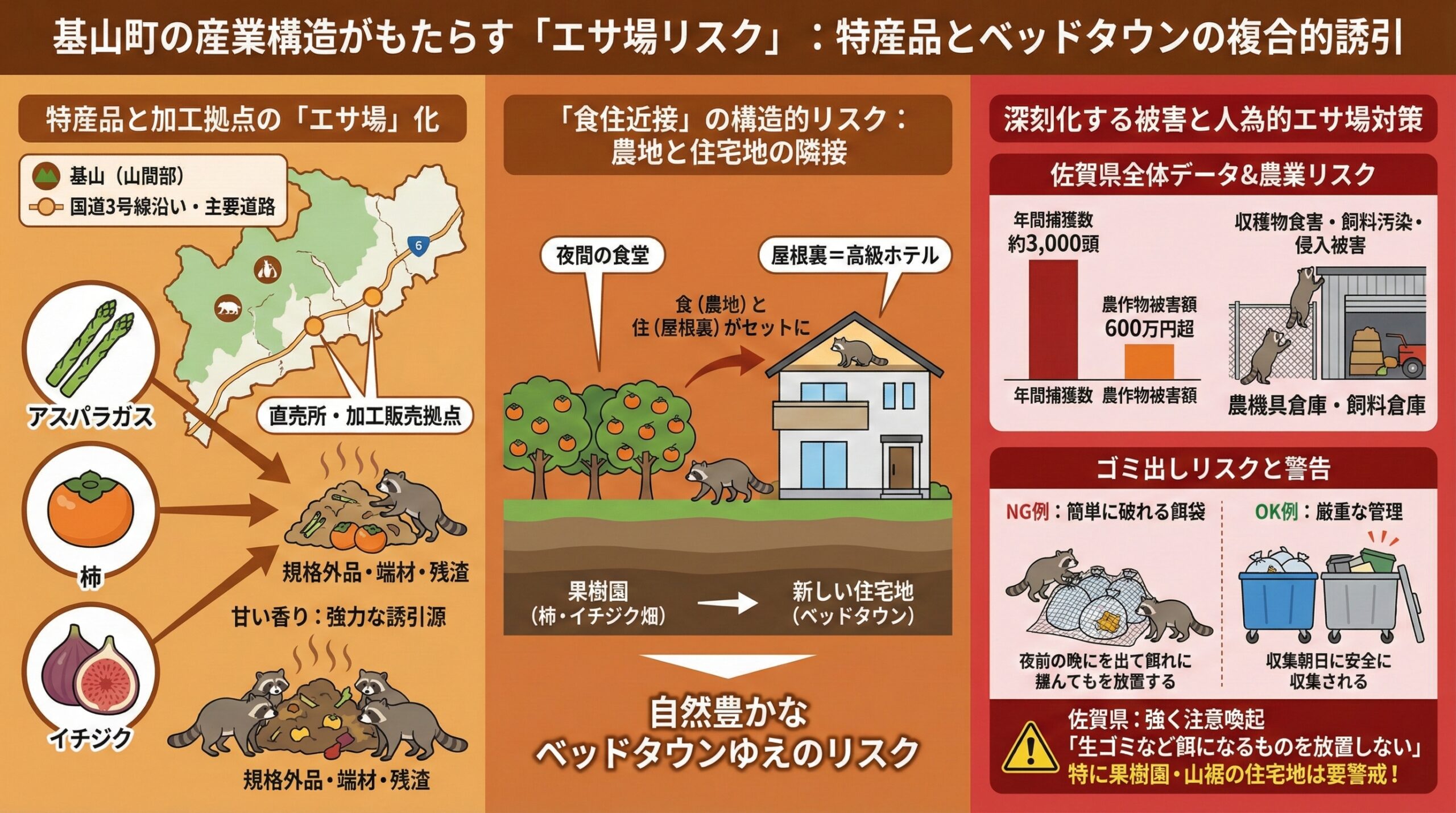 基山町の産業構造がもたらすエサ場リスクと特産品とベッドタウンの複合的誘引をインフォグラフィックで図解で説明。