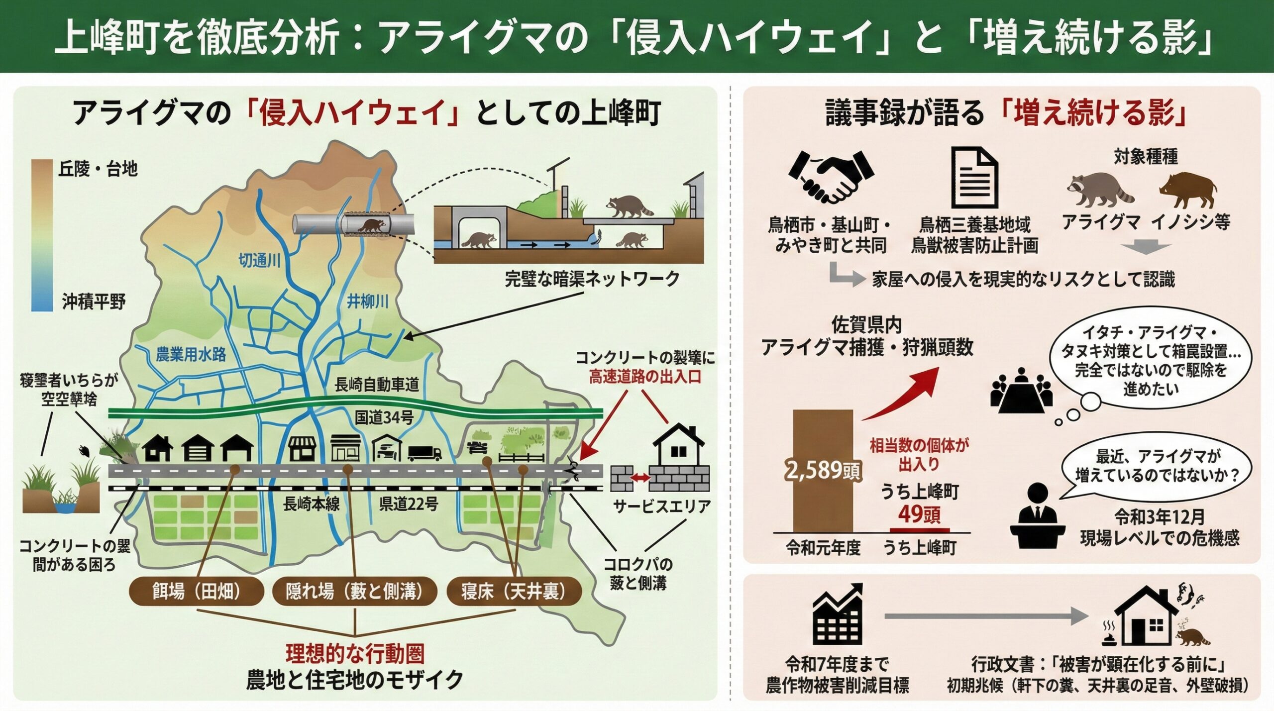 上峰町を徹底分析:アライグマの侵入ハイウェイと増え続ける影をインフォグラフィックで図解。