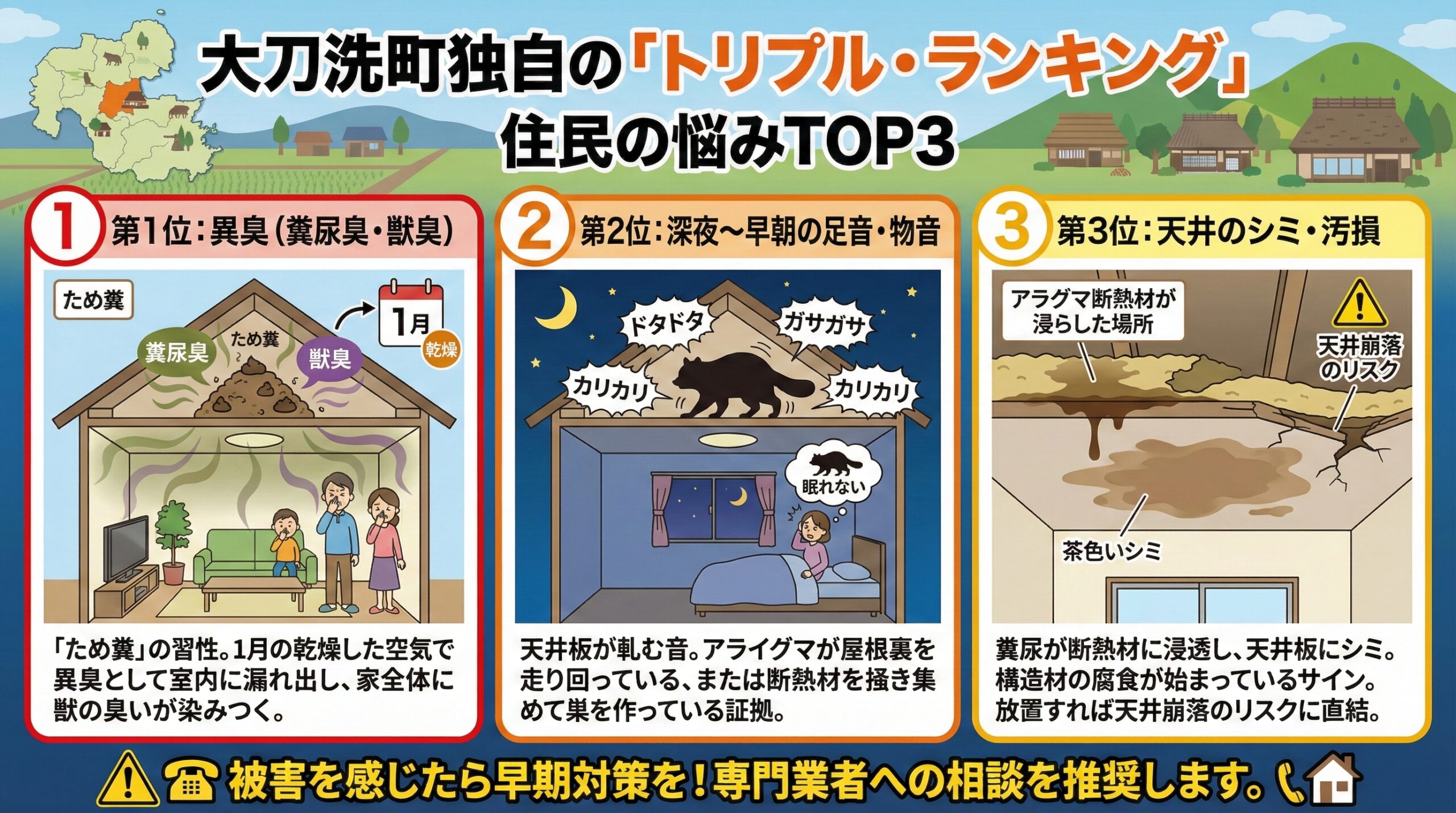 大刀洗町独自のトリプルランキング。住民の悩みTOP3。