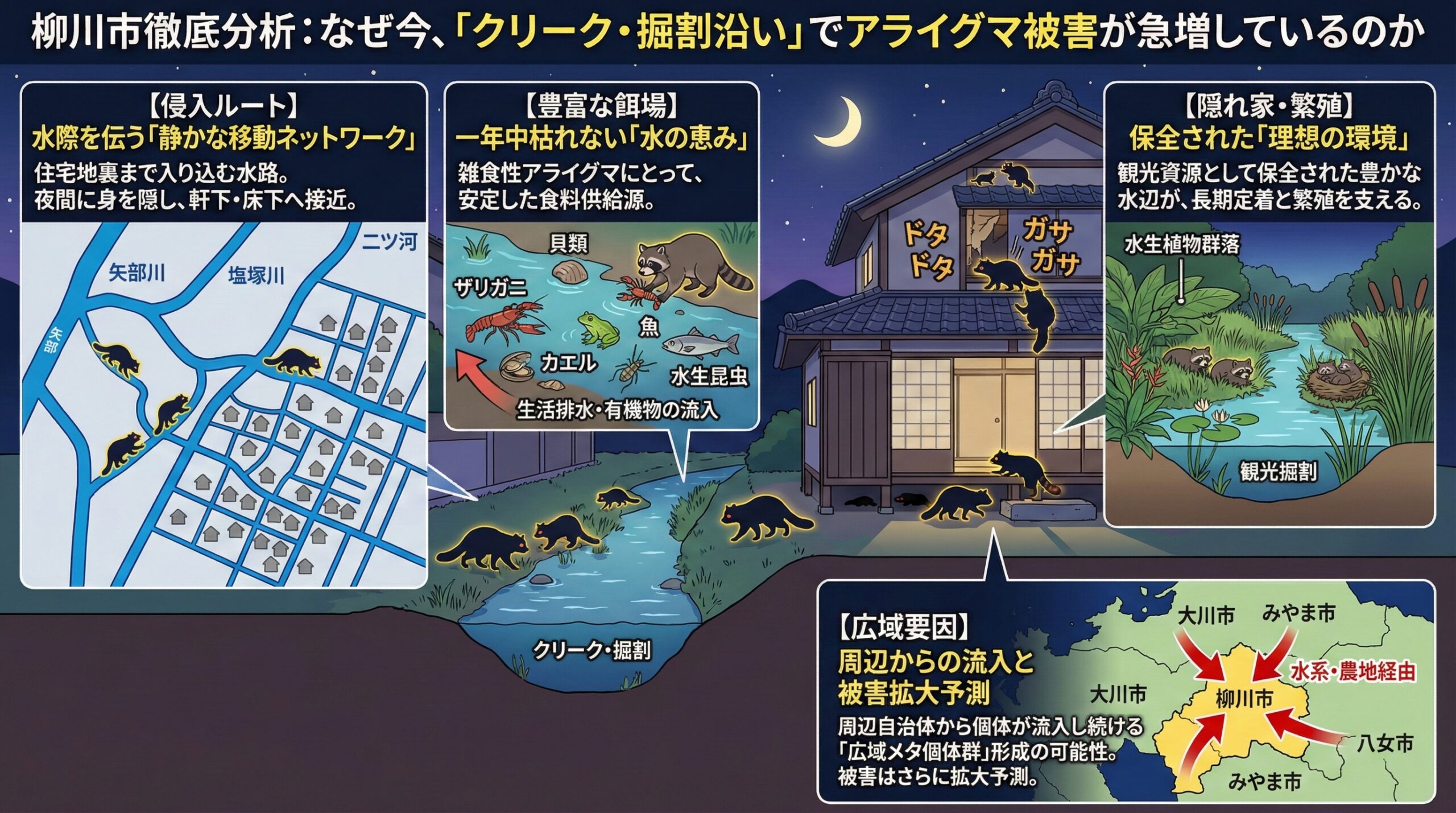 柳川市徹底分析：なぜ今、「クリーク・堀割沿い」でアライグマ被害が急増しているのか