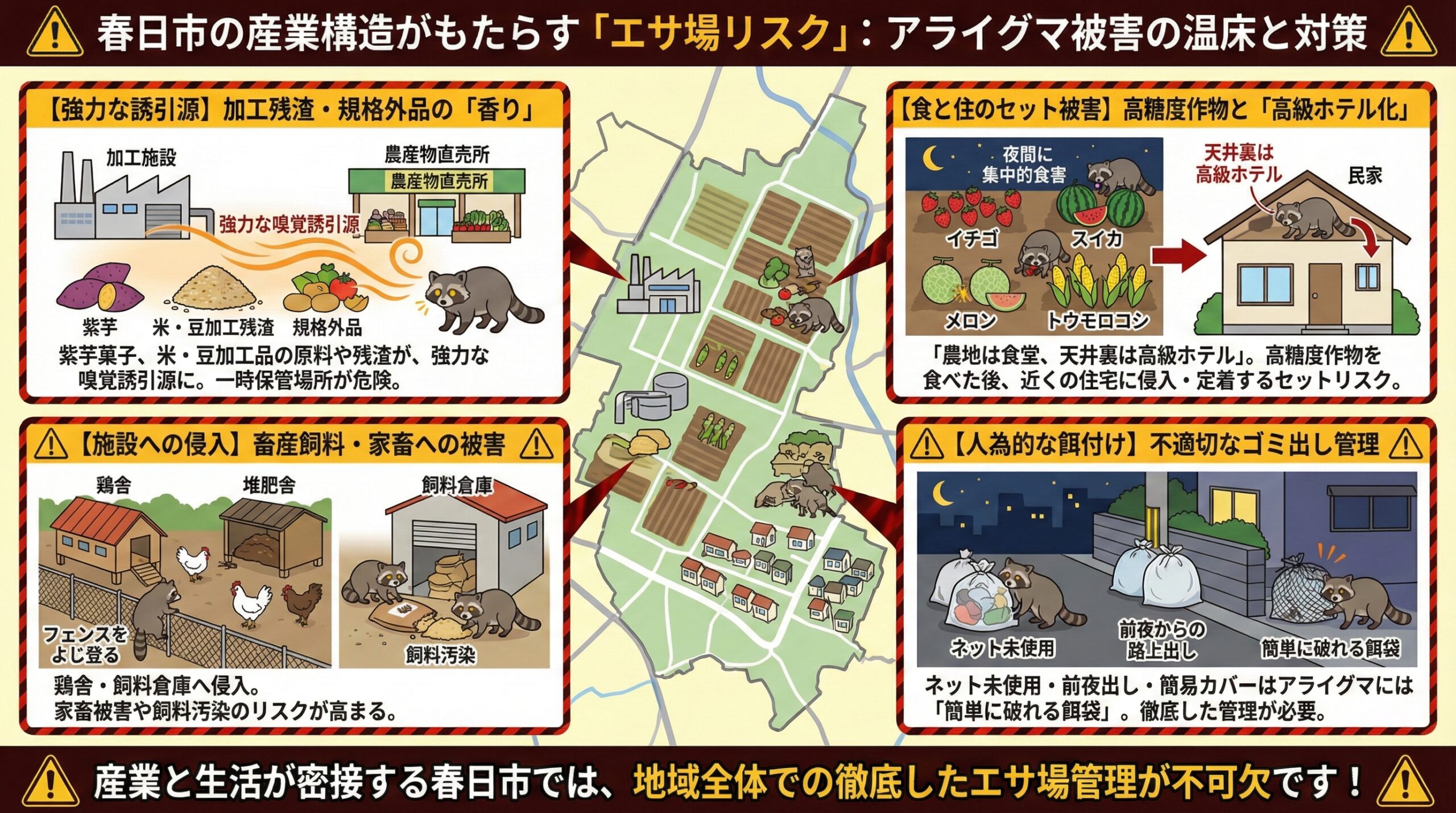 春日市の産業構造がもたらすエサ場リスクアライグマ被害の温床と対策