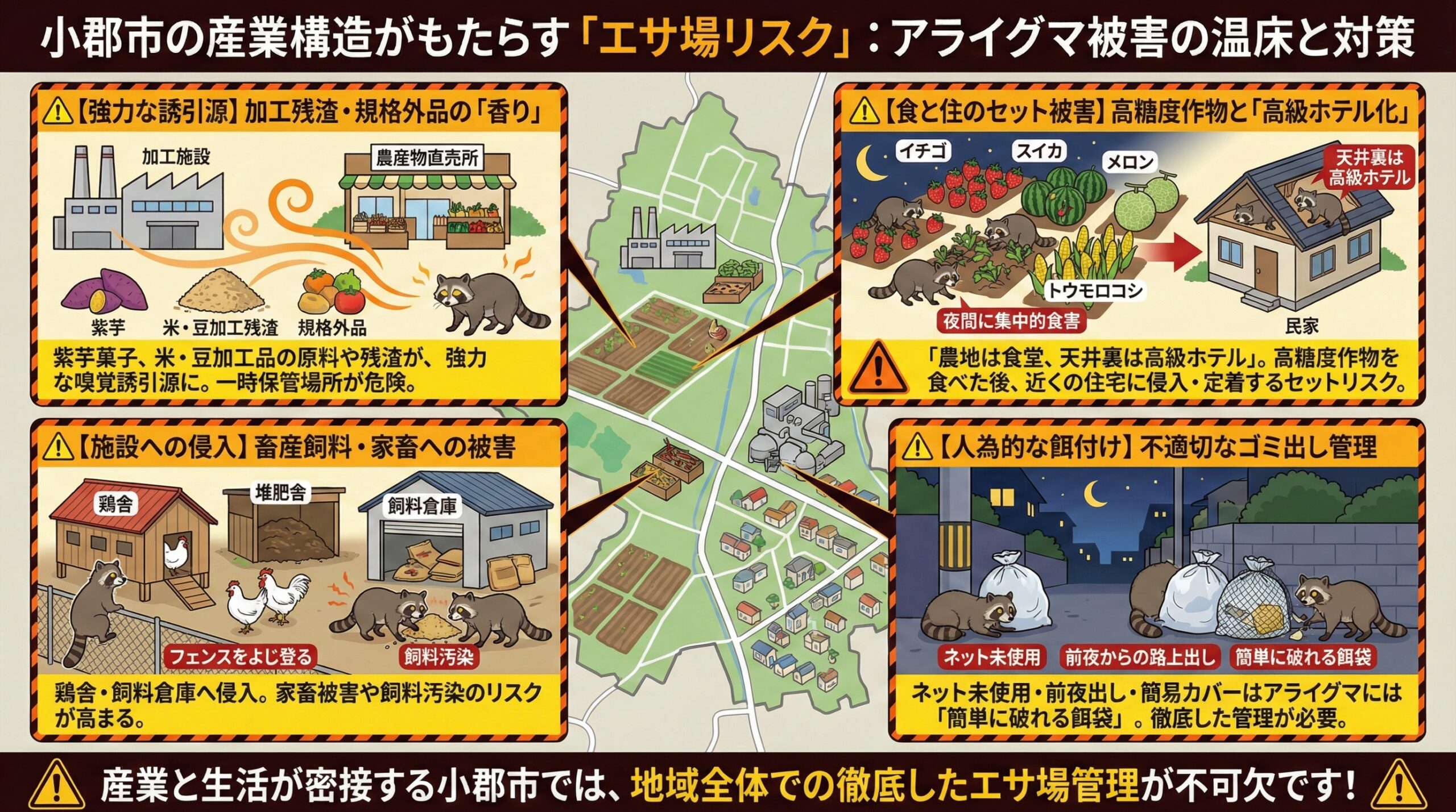 小郡市の産業構造がもたらすエサ場リスクアライグマ被害の温床と対策