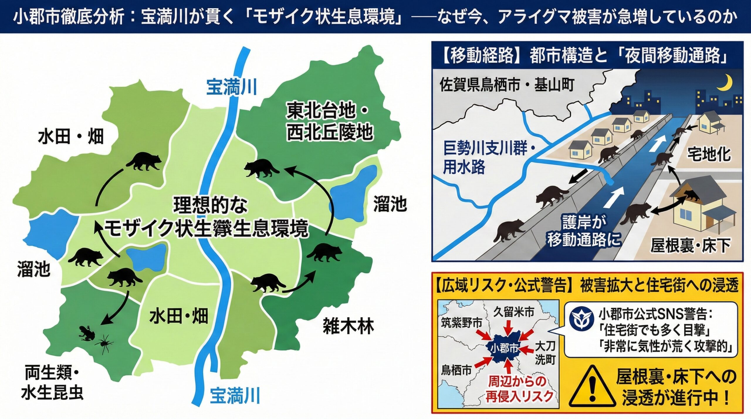 小郡市徹底分析宝満川が貫くモザイク状生息環境、なぜ今、アライグマ被害が急増しているのか