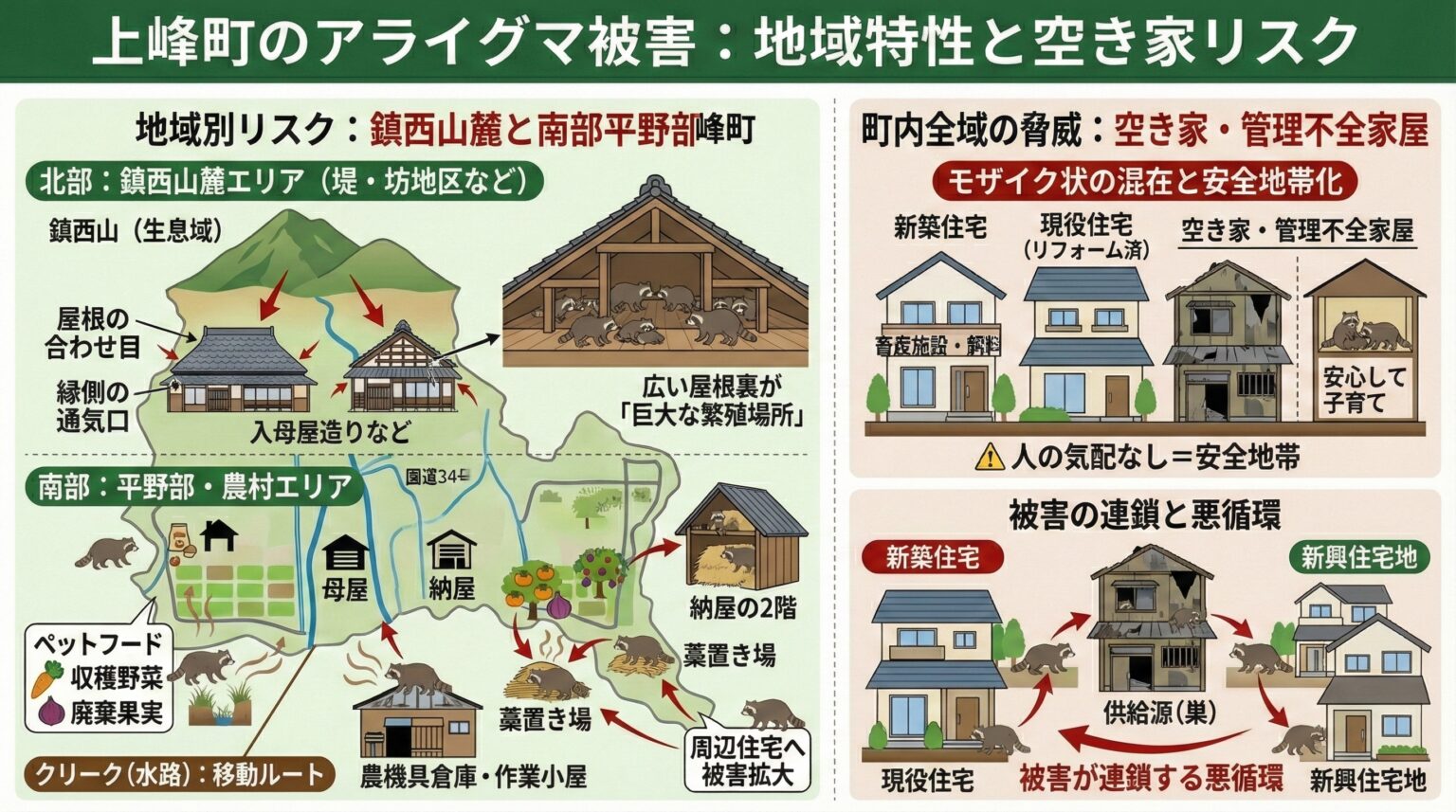 上峰町のアライグマ駆除｜住宅地で目撃が増加中｜被害と駆除費用の目安