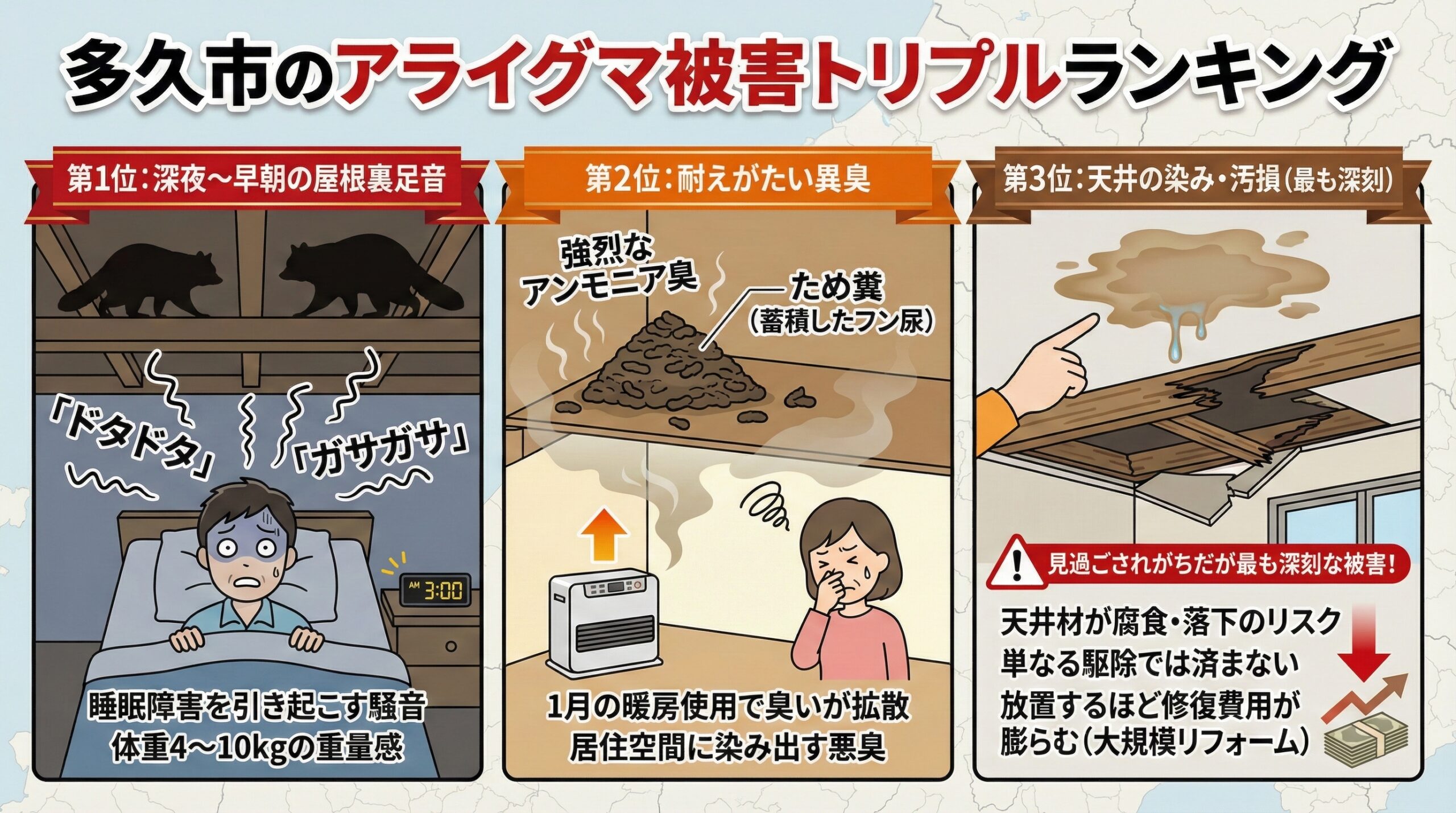 多久市のアライグマ被害トリプルランキングをインフォグラフィックを用いて図解で解説。