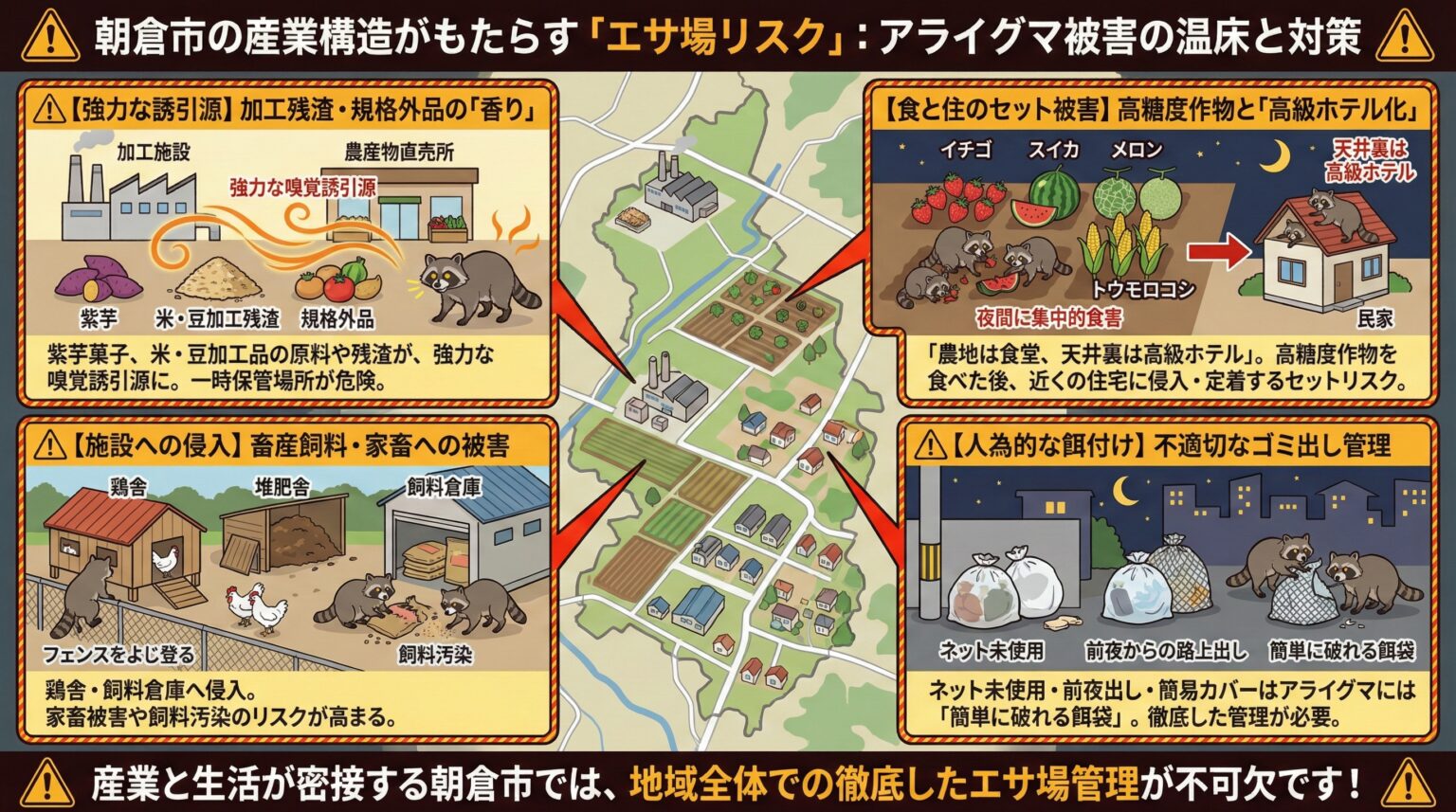 朝倉市の産業構造がもたらすエサ場リスクアライグマ被害の温床と対策