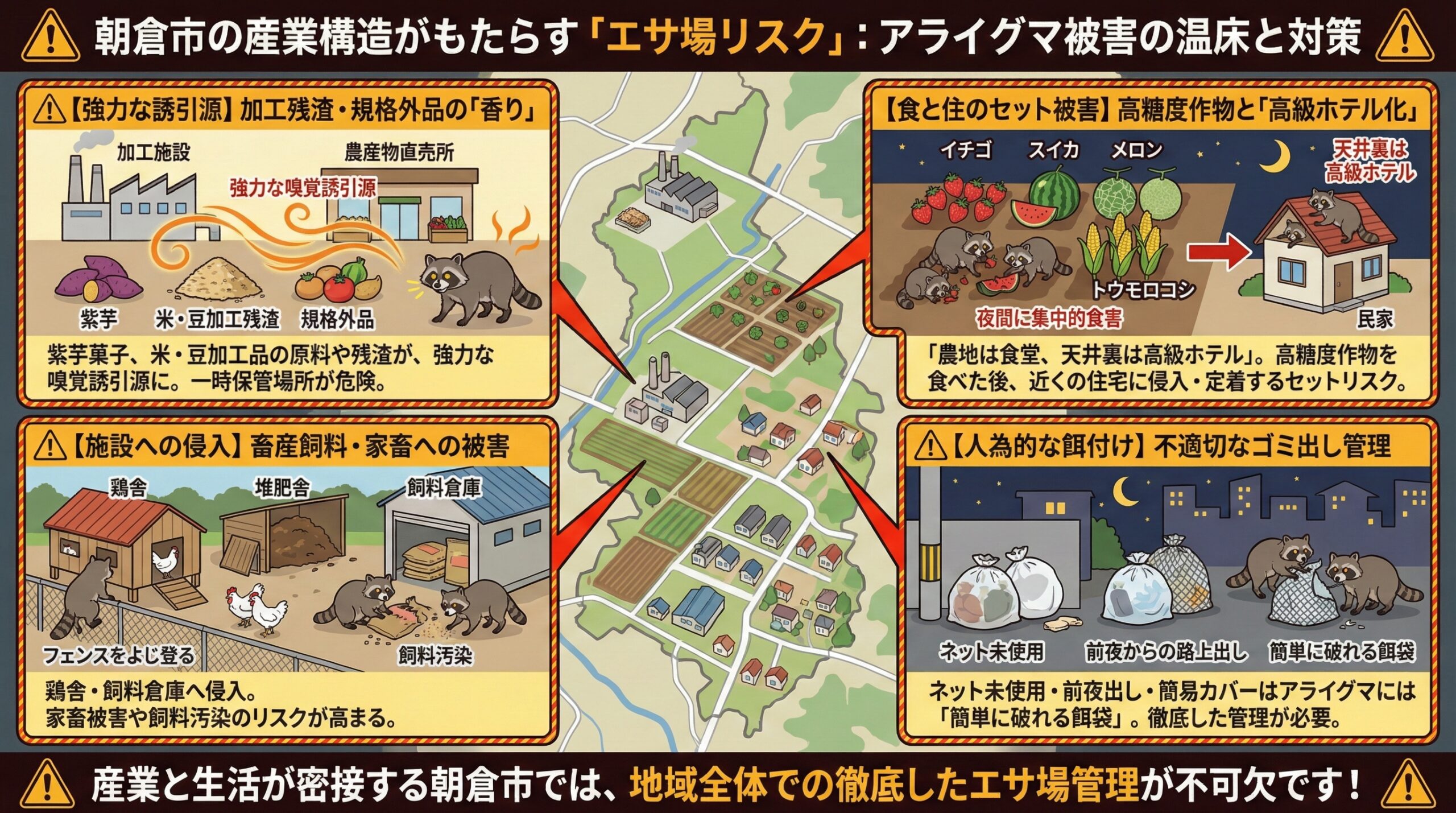 朝倉市の産業構造がもたらすエサ場リスクアライグマ被害の温床と対策