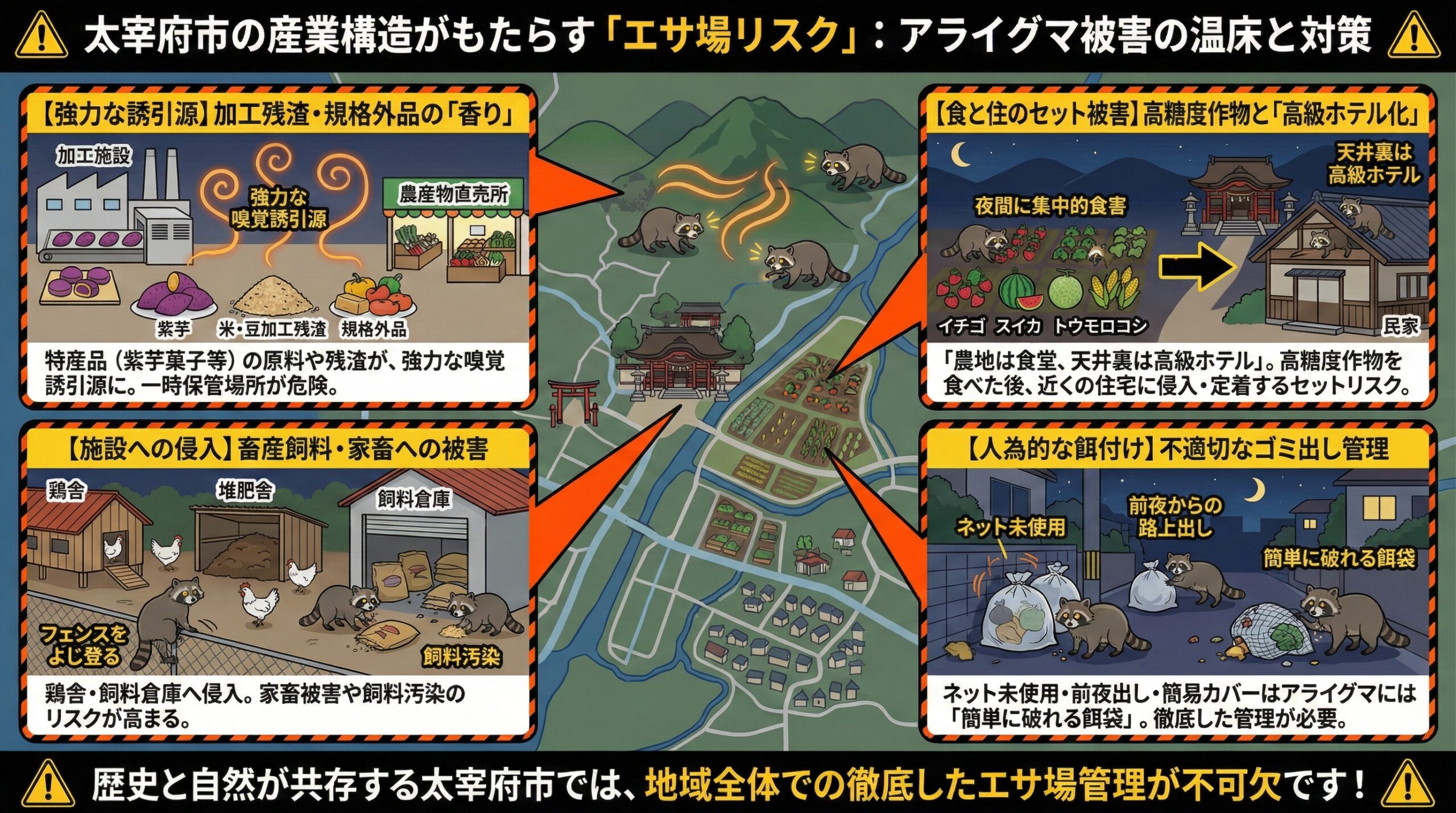 太宰府市の産業構造がもたらすエサ場リスクアライグマ被害の温床と対策
