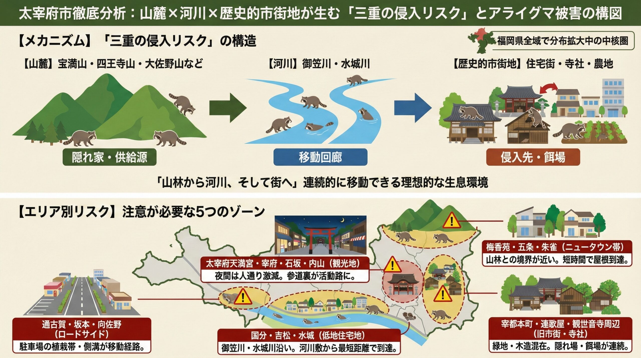 太宰府市徹底分析：山麓×河川×歴史的市街地が生む三重の侵入リスクとアライグマ被害の構図