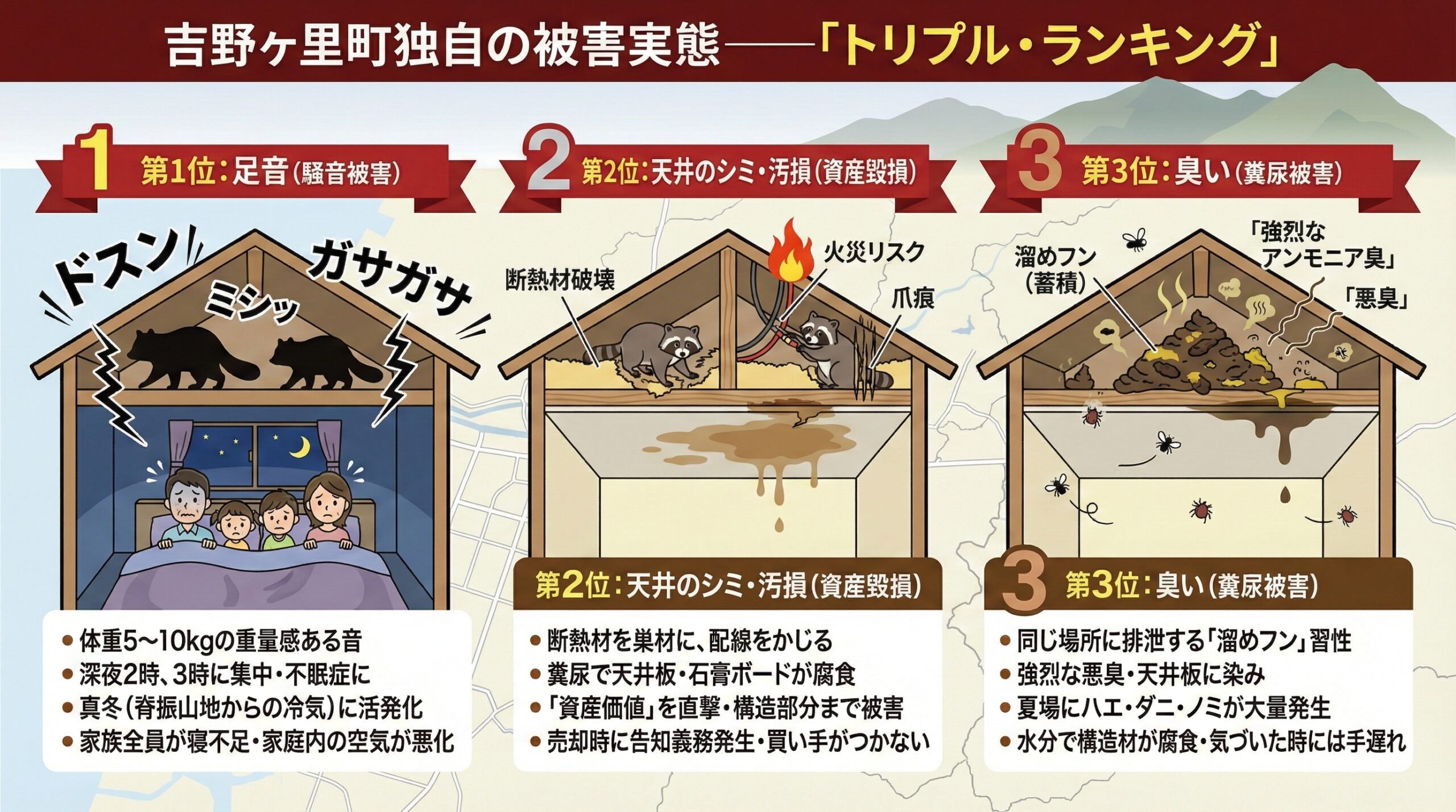 吉野ヶ里町独自の被害実態についてランキング化した画像。インフォグラフィックを用いて図解で解説。1位は足音などによる騒音被害。2位は天井のシミや汚損、3位が異臭などの臭い。