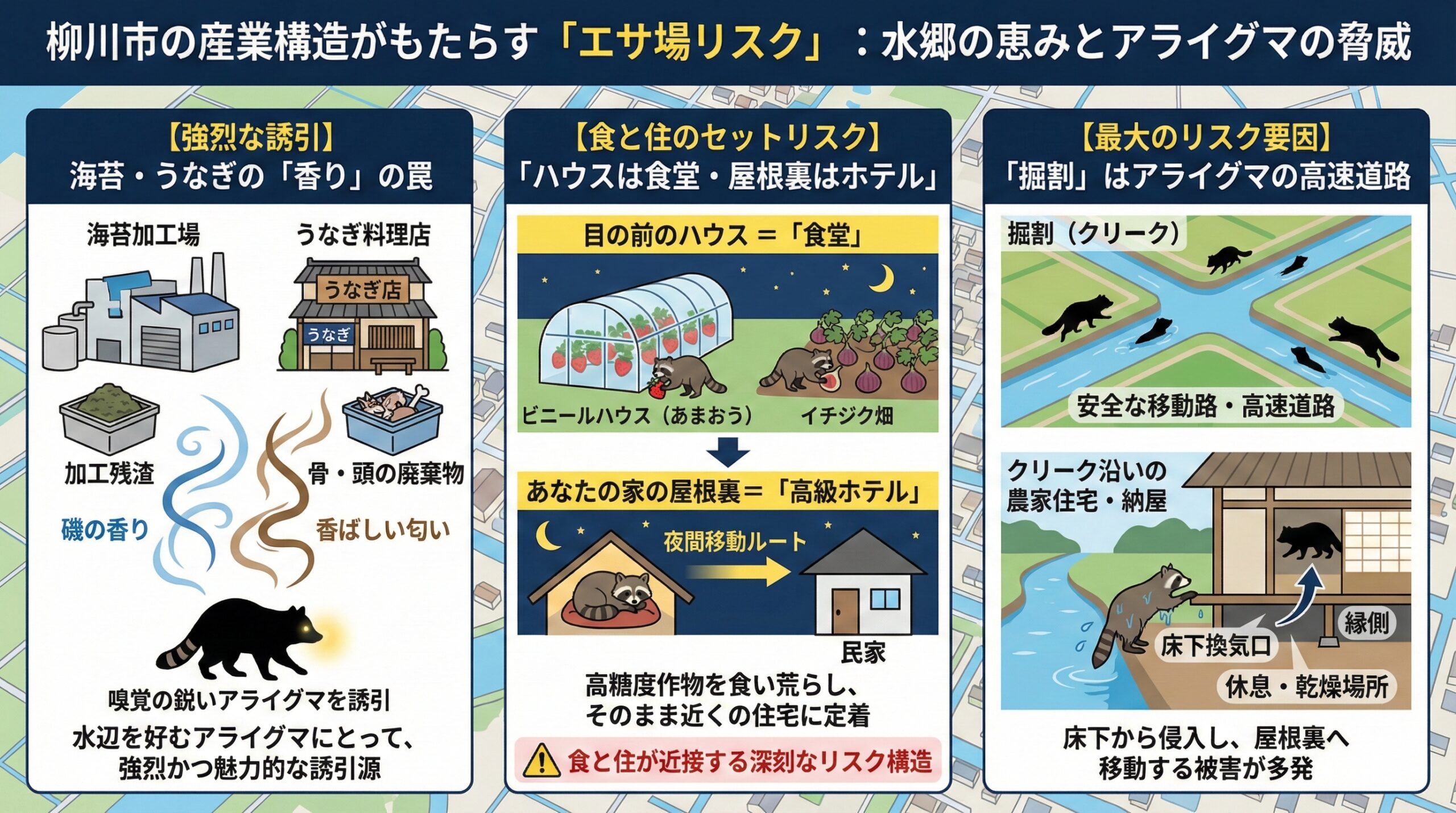柳川市の産業構造がもたらすエサ場リスク水郷の恵みとアライグマの脅威