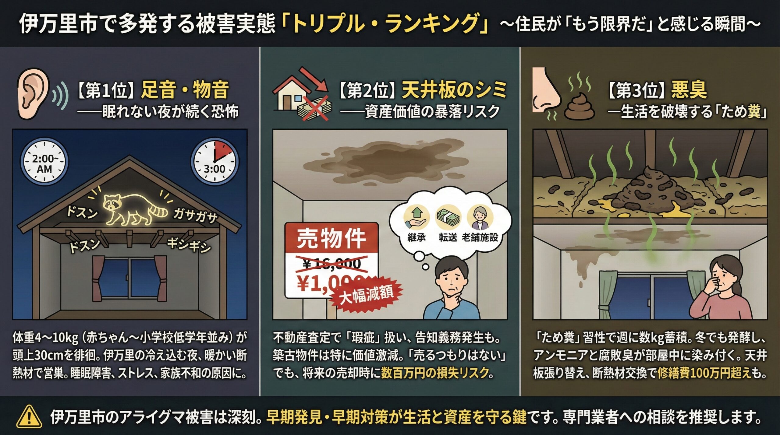 伊万里市で多発する被害実態のトリプルランキング。1位～3位まで問い合わせの多い順に比較。2025年1月～12月プログラント問合せ調べによる。