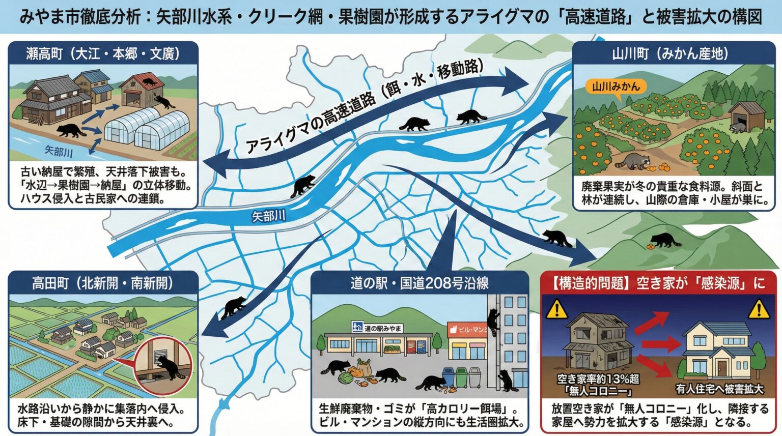みやま市徹底分析矢部川水系・クリーク網・果樹園が形成するアライグマの高速道路と被害拡大の構図