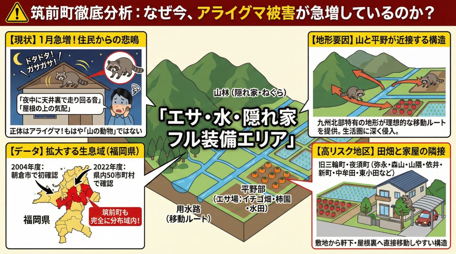 筑前町徹底分析なぜ今、アライグマ被害が急増しているのか？