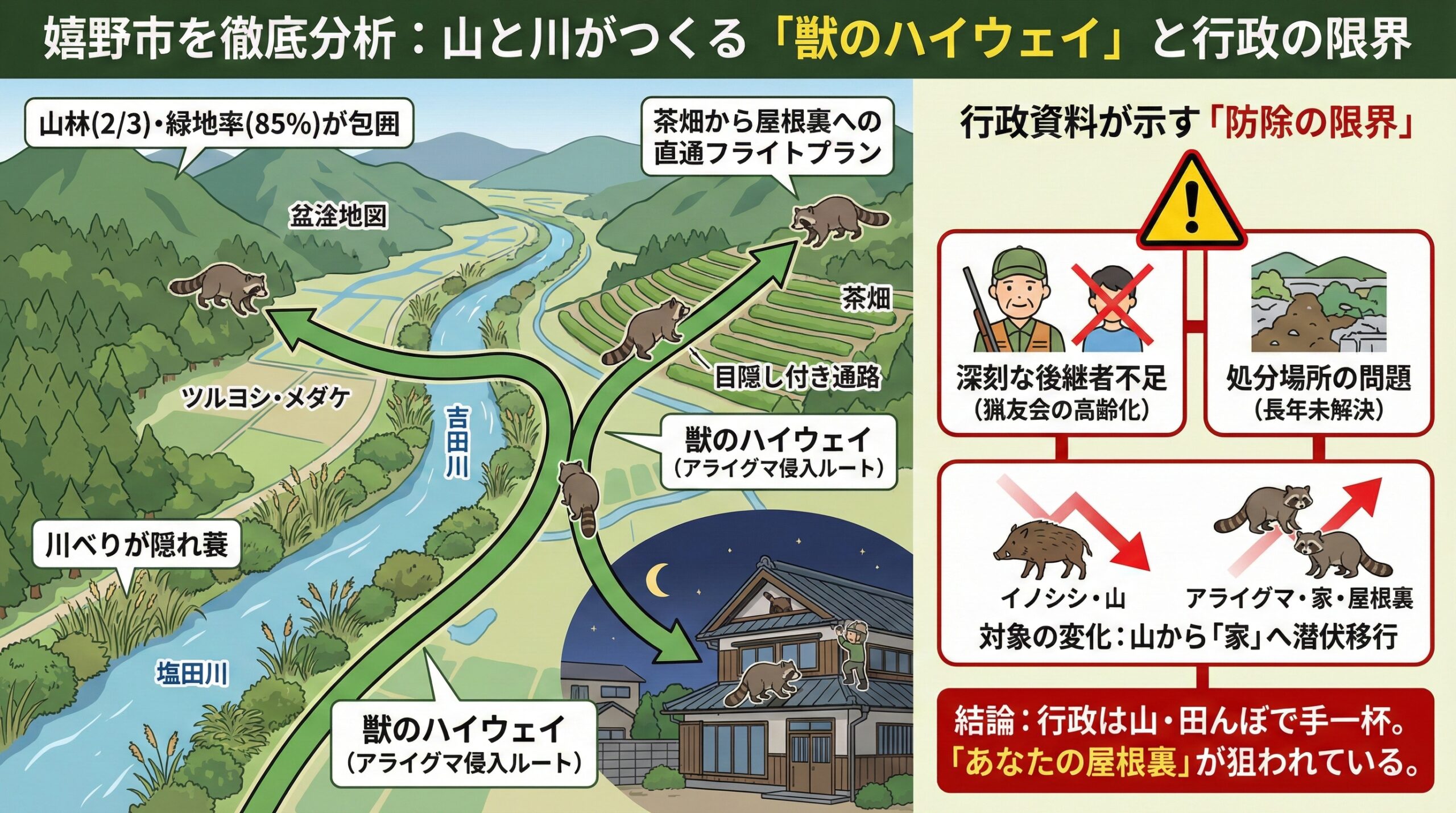 嬉野市を徹底分析。山と川がつくる「獣のハイウェイ」と行政の限界を図解にしたインフォグラフィック。