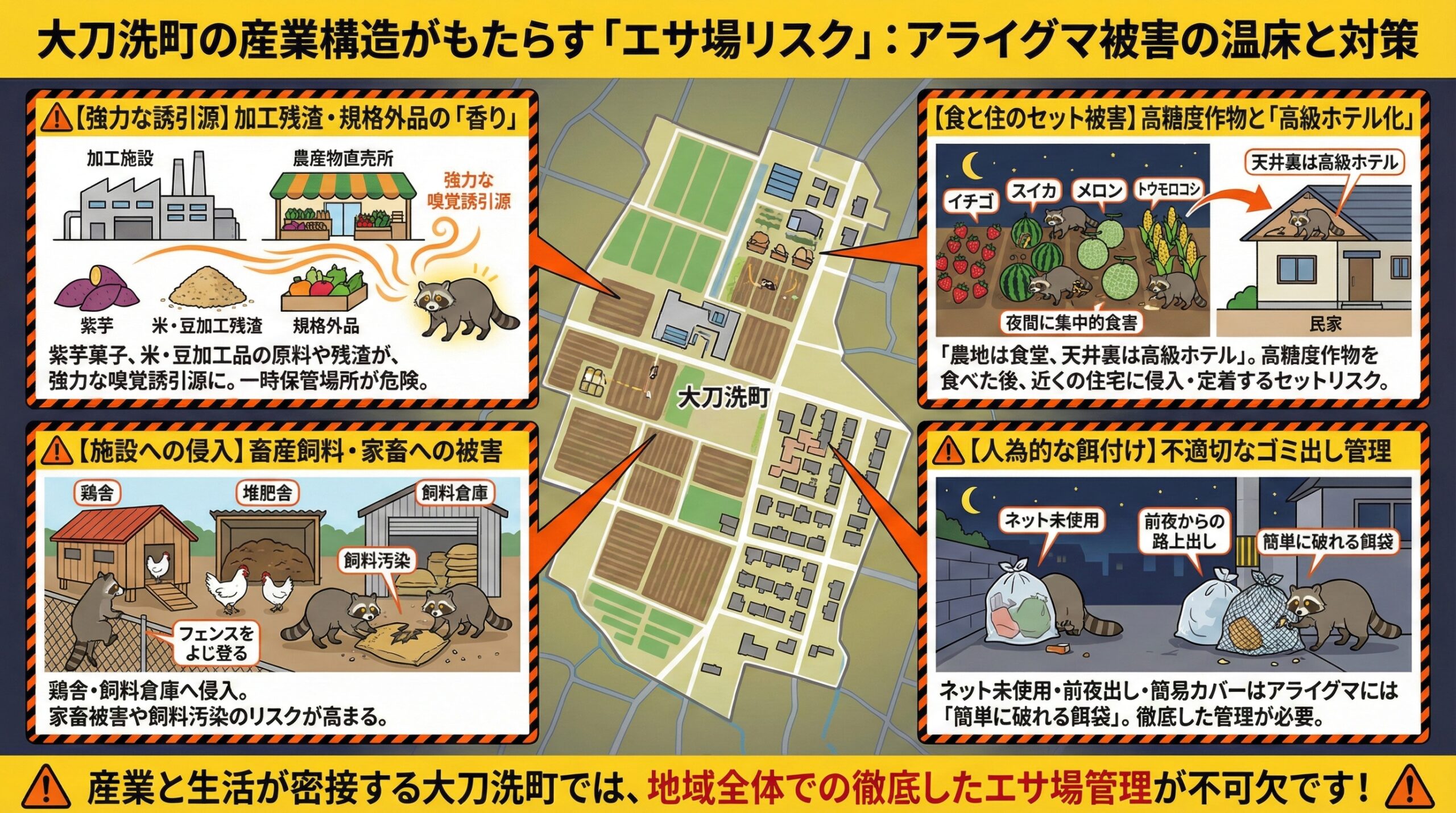 大刀洗町の産業構造がもたらすエサ場リスクアライグマ被害の温床と対策