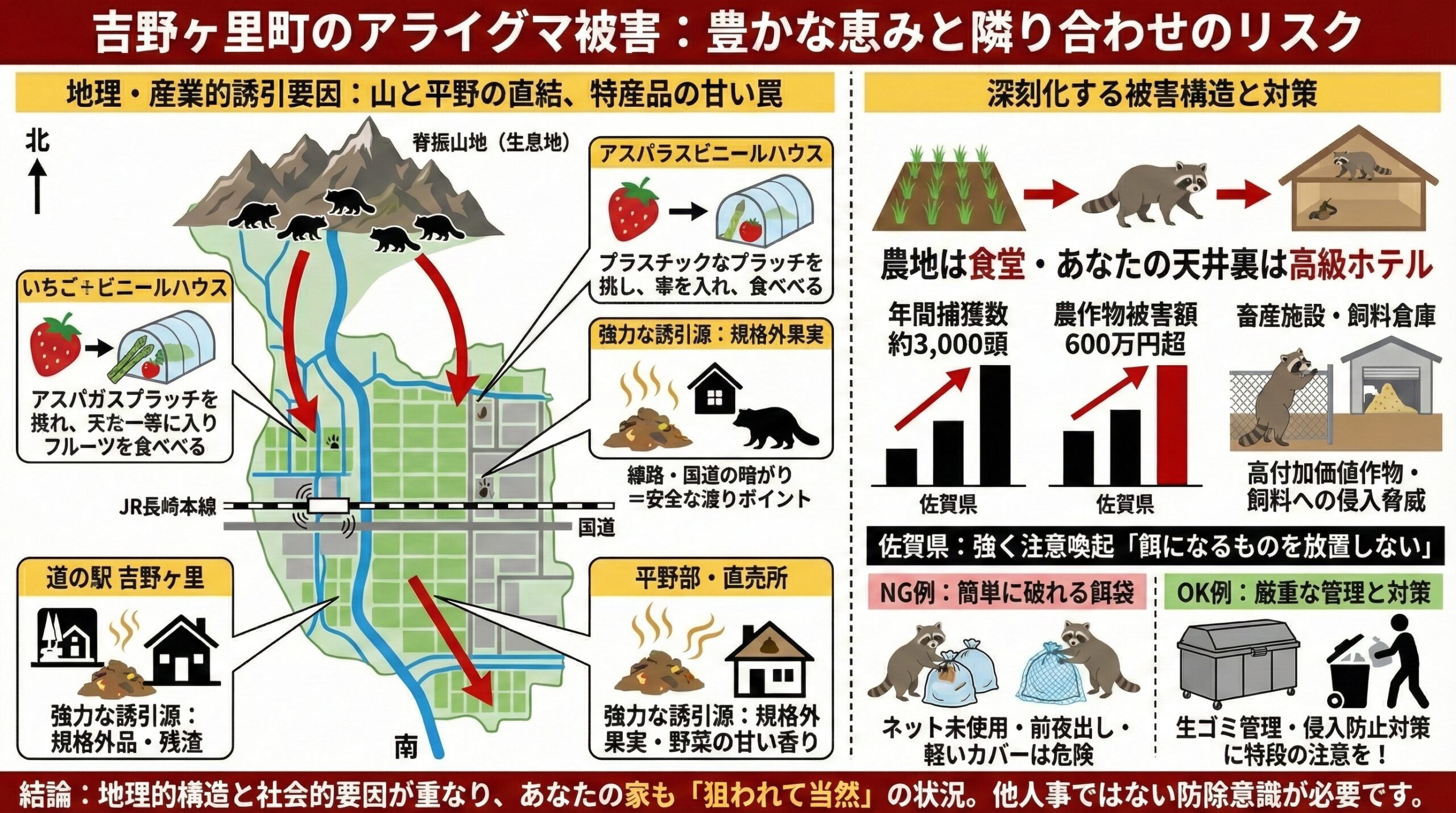 吉野ヶ里町のアライグマ被害について。豊かな恵みと隣り合わせにリスクがあることをインフォグラフィックを用いて図解で説明。