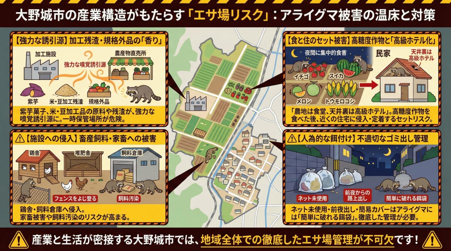 大野城市の産業構造がもたらすエサ場リスクアライグマ被害の温床と対策