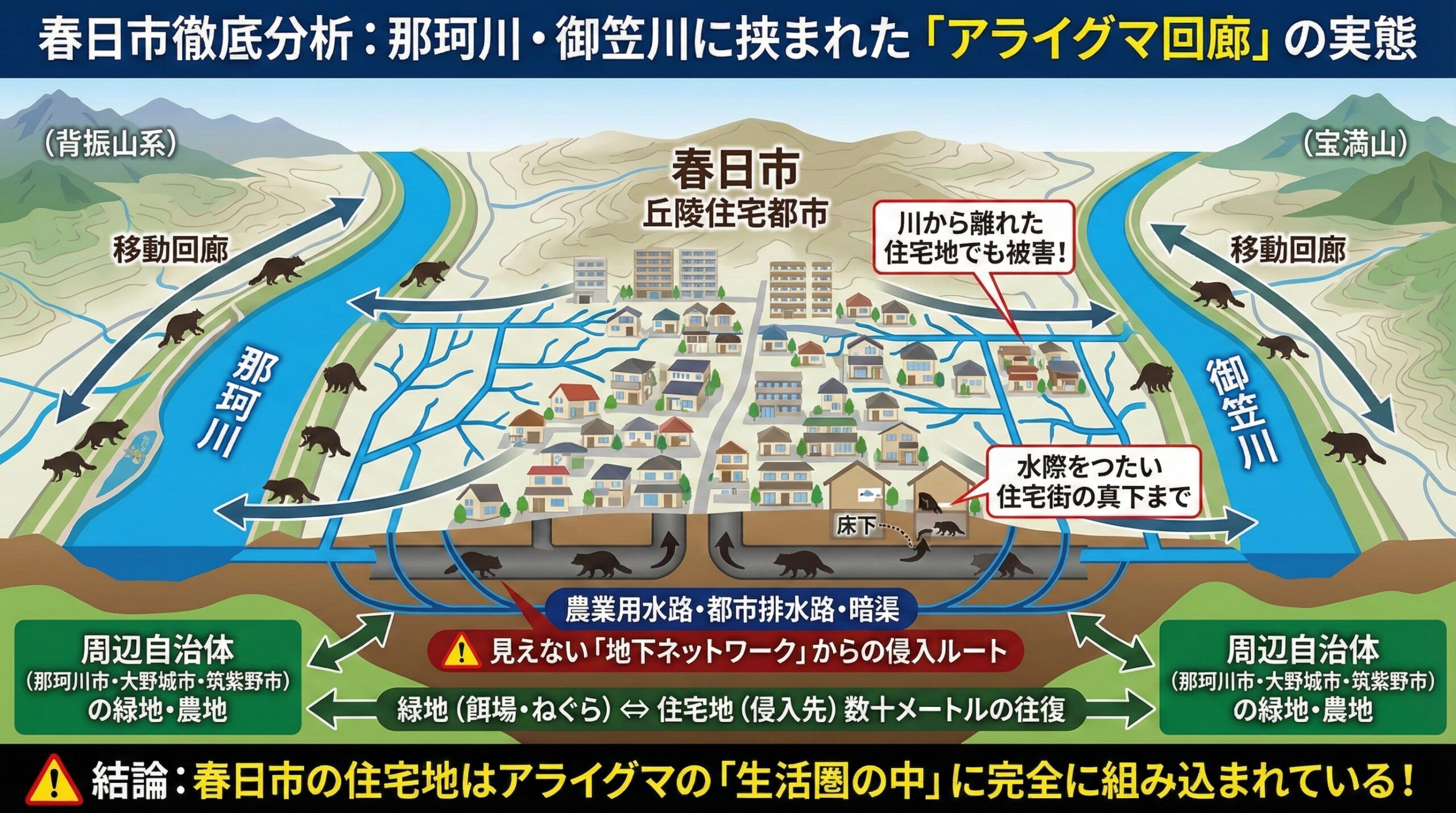 春日市徹底分析:那珂川・御笠川に挟まれたアライグマ回廊の実態