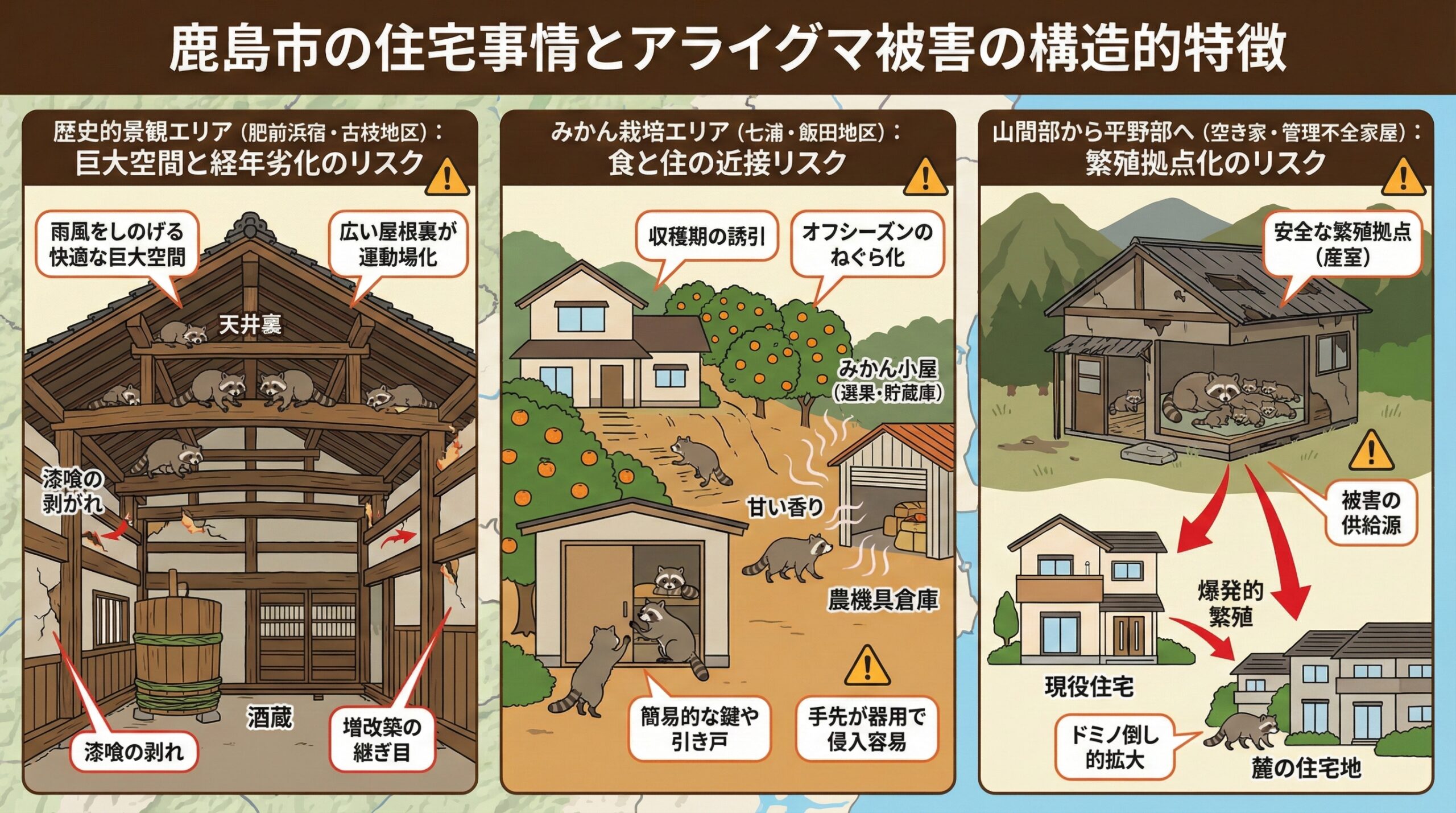 鹿島市の住宅事情とアライグマ被害の構造的特徴をインフォグラフィックを用いて図解で説明。
