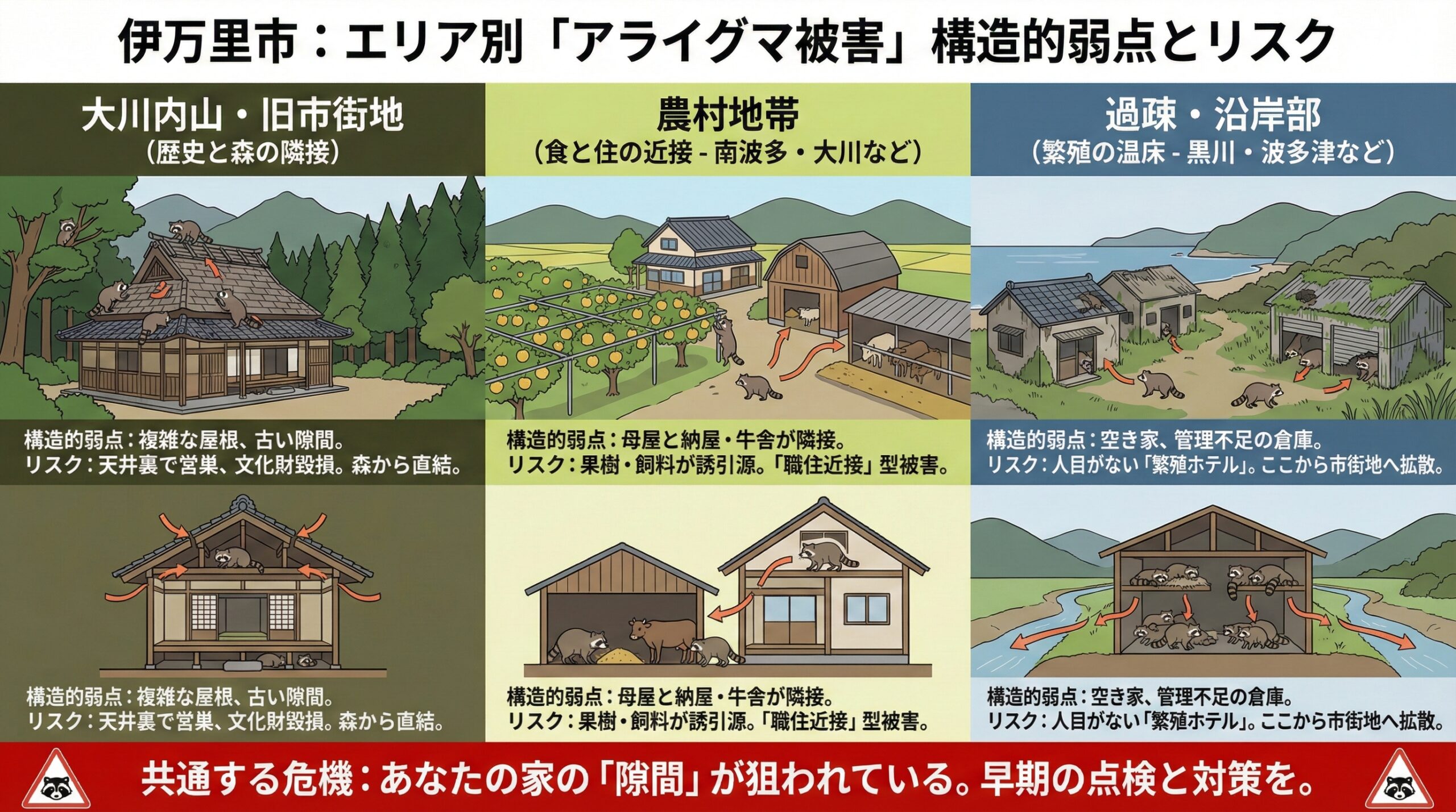 伊万里市エリア別アライグマ被害「構造的弱点とリスク」を図解を用いて解説。
