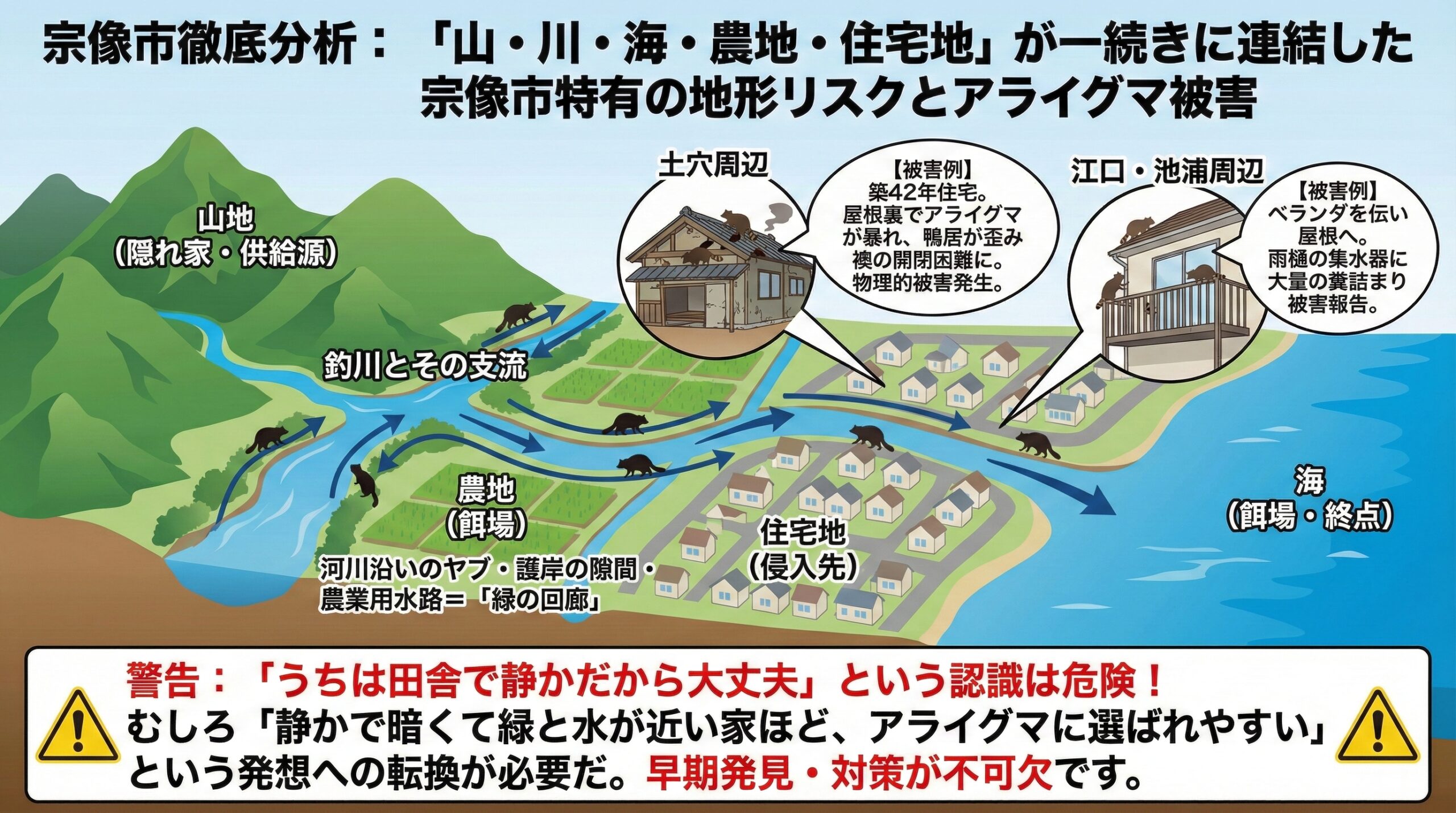 宗像市徹底分析：山、川、海、農地、住宅地が一続きに連結した宗像市特有の地形リスクとアライグマ被害