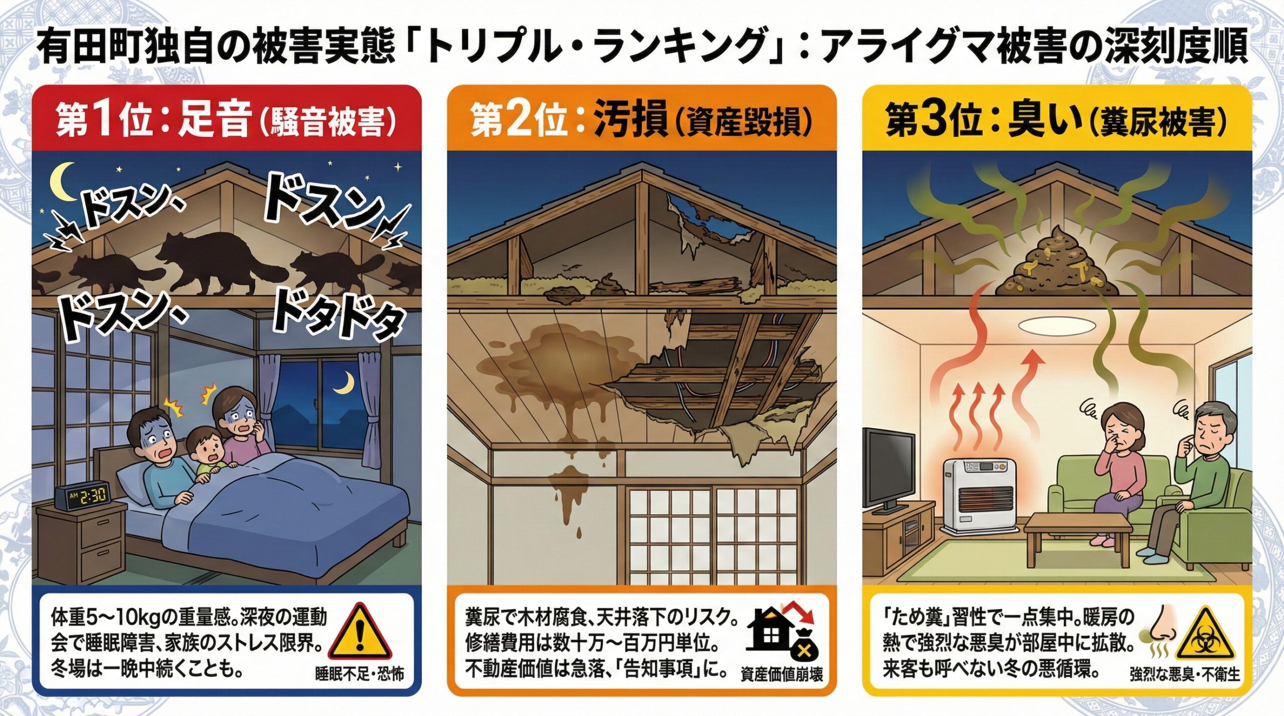 有田町独自の被害実態トリプルランキング。アライグマ被害の深刻度。 1位足音、2位汚損、3位臭いの順で有田町のお悩みランキング。