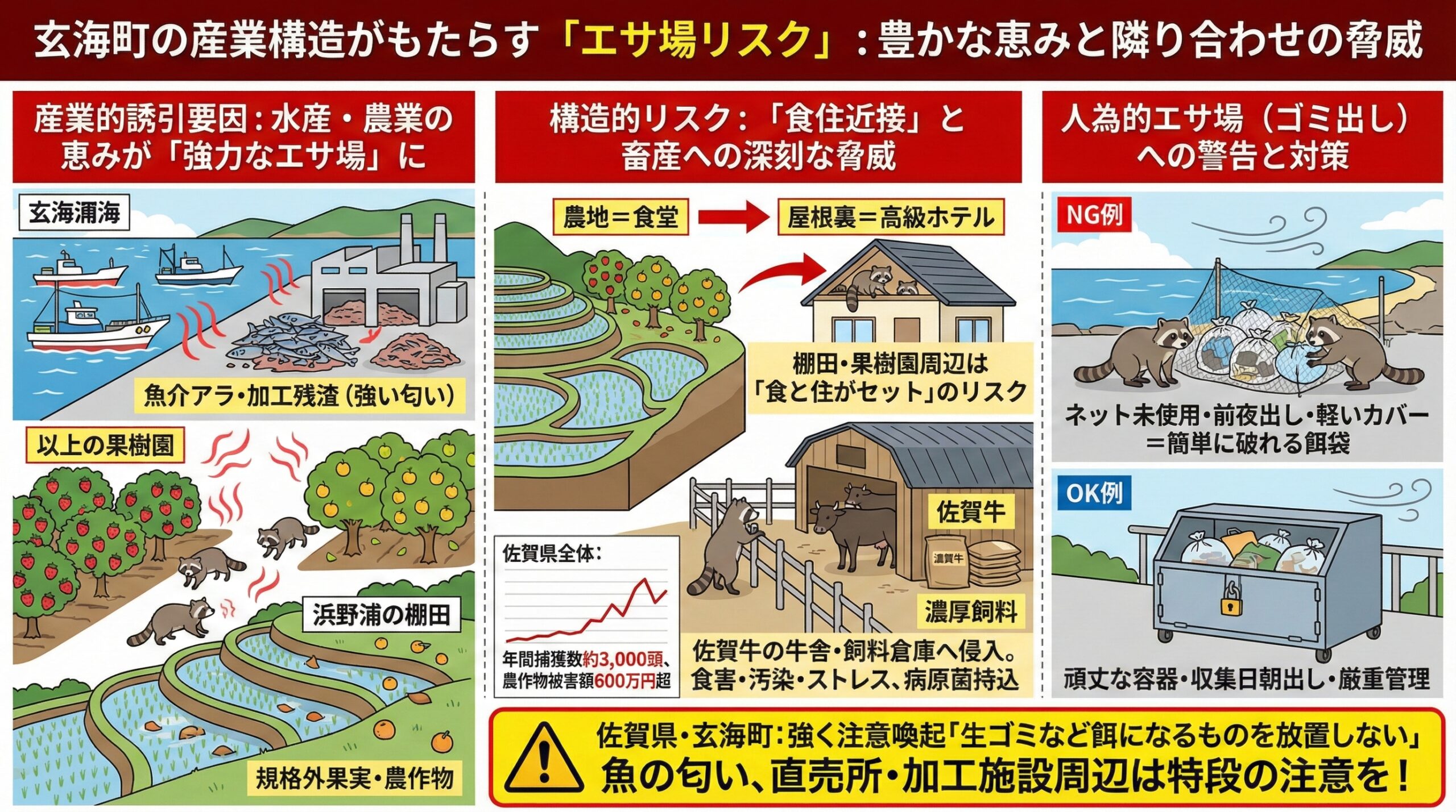 玄海町の産業構造がもたらすエサ場リスク。豊かな恵みと隣り合わせの脅威。産業的誘引要因から構造的リスク、人為的餌場への傾向と対策まで注意喚起を促した図。