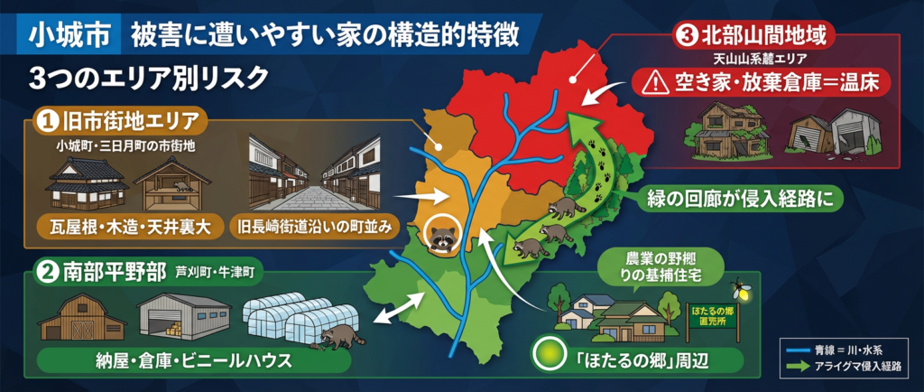 小城市の侵入されやすい家の構造的特徴を図解で解説。